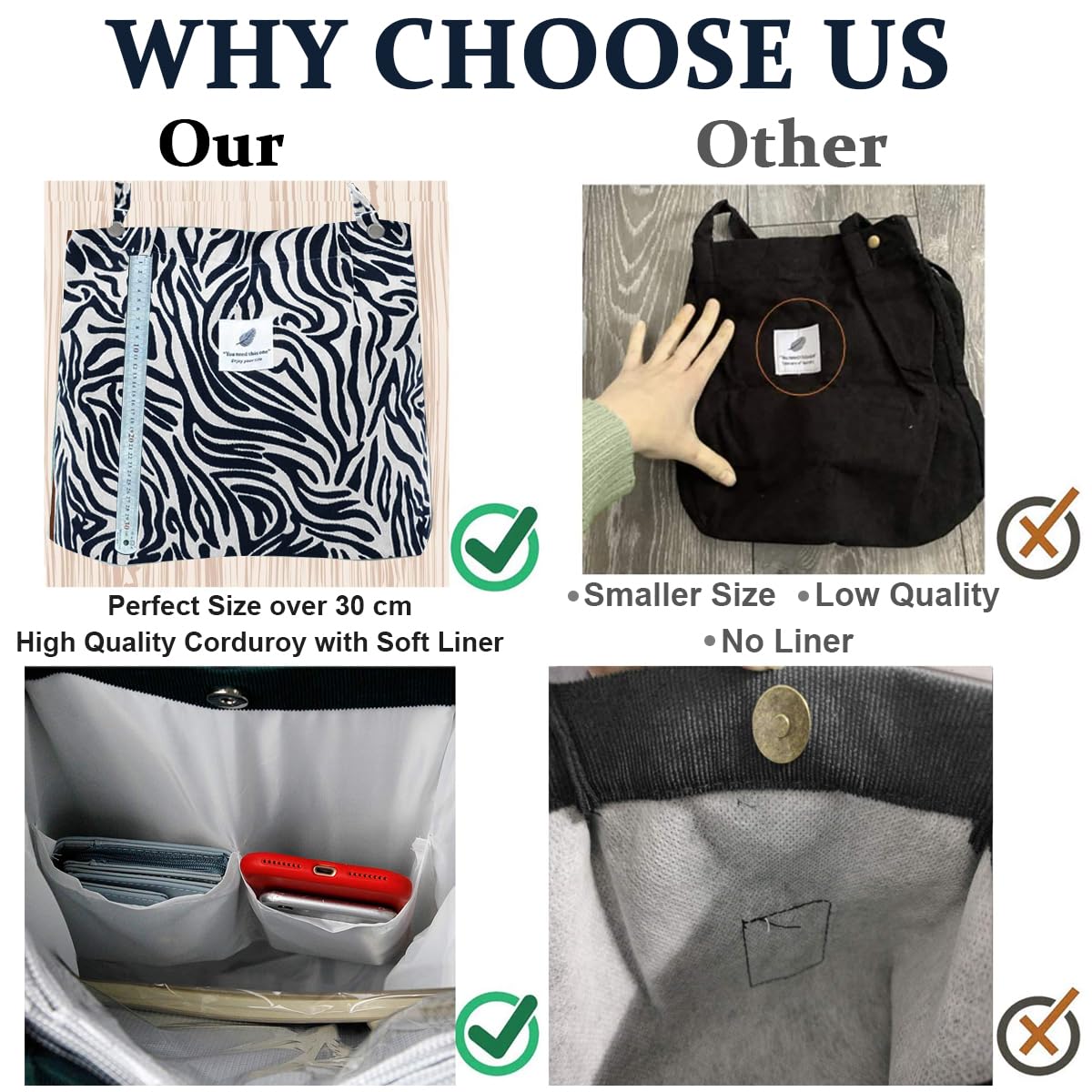PALAY Tote Bag Corduroy Fashion Zebra-stripe Print Color Hand Bag for Women Shoulder Bag for Shopping, Commuting, Shopping Bag, Large Grocery Bag