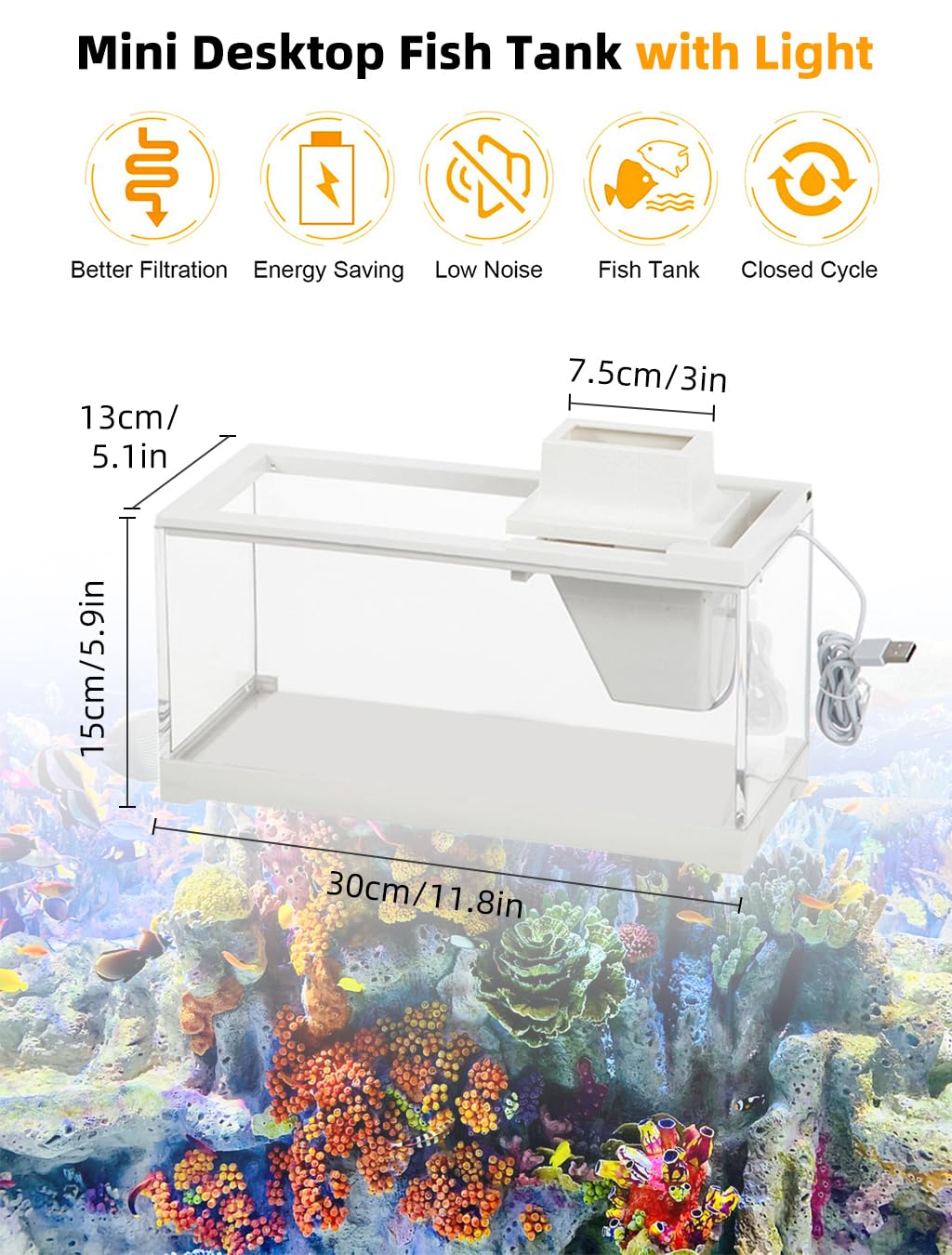 Qpets Mini Desktop Fish Tank with LED, Household Aquarium Betta Fish Tank Open Top Desktop Fish Tank, Small Mute Filter Fish Breeding Box with Air Pump - 30X13X15CM