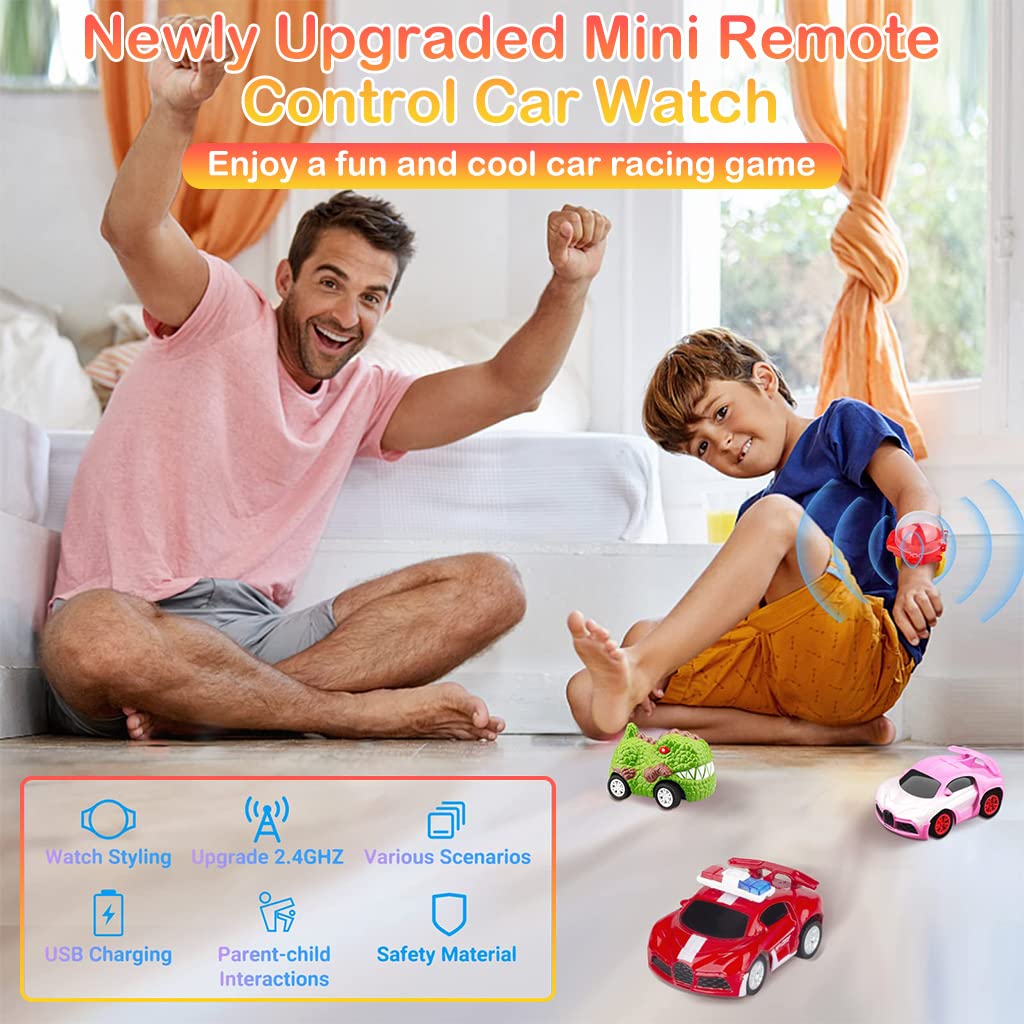 PATPAT Mini Remote Control Watch Car 2.4 GHz Cartoon Watch Car Toy, USB Rechareable Remote Control Toy Car, Wrist Racing Car Watch Cartoon RC Car Birthday Christmas Gift for Kids Boys Girls-Red
