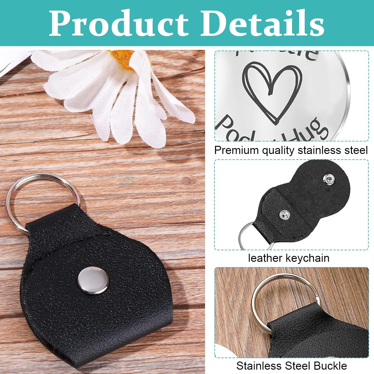 PATPAT Pocket Hug Token Keychains, Long Distance Relationship Gifts Stainless Steel Double Sided Inspirational Gift with PU Leather Keychain, Gift for Husband