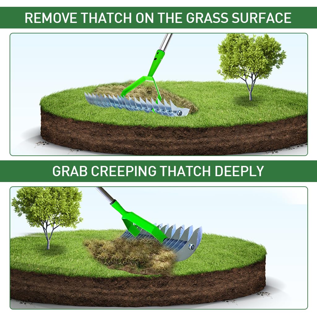 HASTHIP Dual-edge Garden Rake - 170CM Farming Thatch Rake - Alloy Steel Adjustable Handle - Gardening Rake Loosening Soil & Cleaning Grass - Heavy Duty Agriculture Tool - Suitable for Garden & Lawn