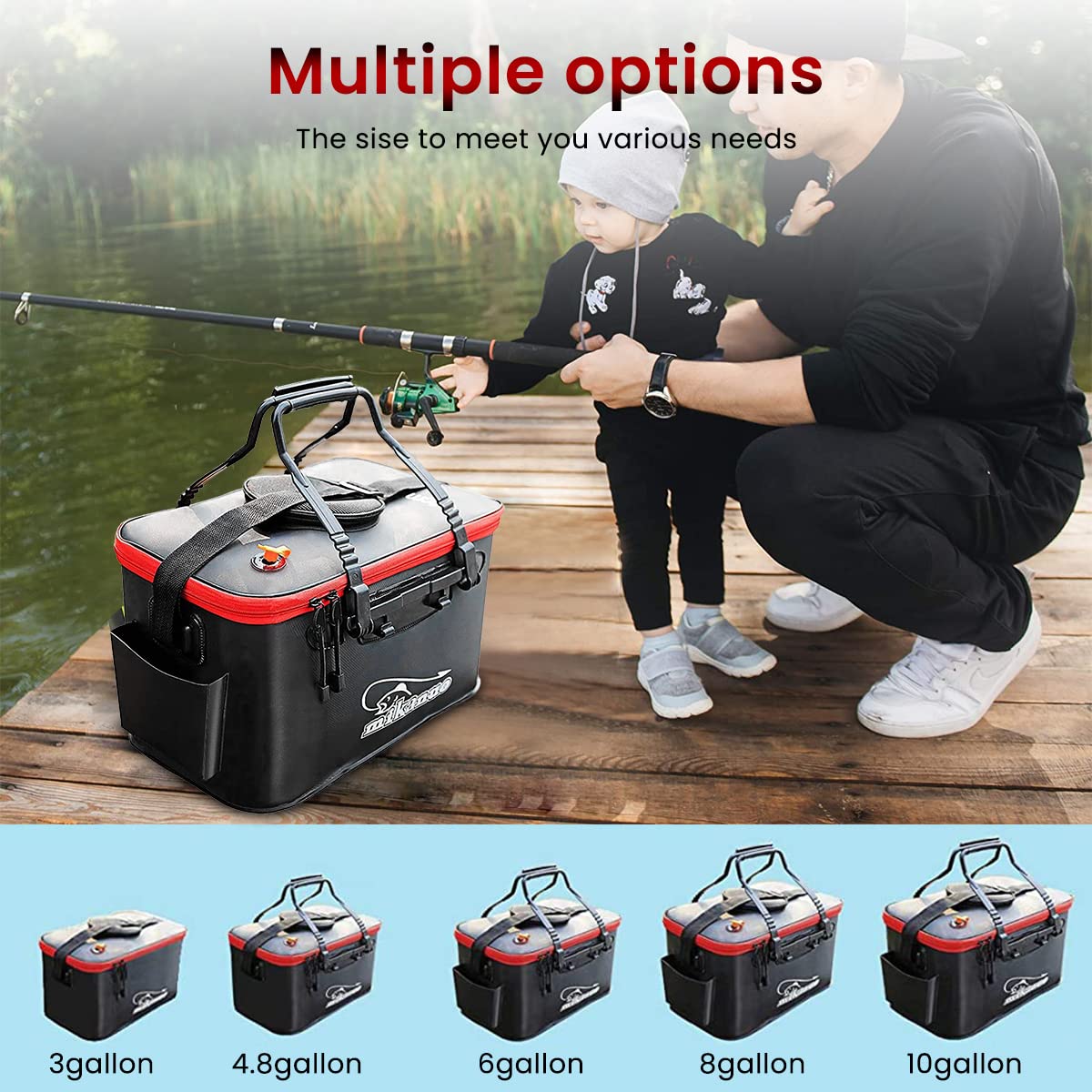 Proberos 23L Fishing Bucket with Lift Handle, Foldable Fish Bucket, Live Fish Container, Multi-Functional EVA Fishing Bag for Outdoor, Live Fish Lures Bucket and Fish Protection Bucket (Black)
