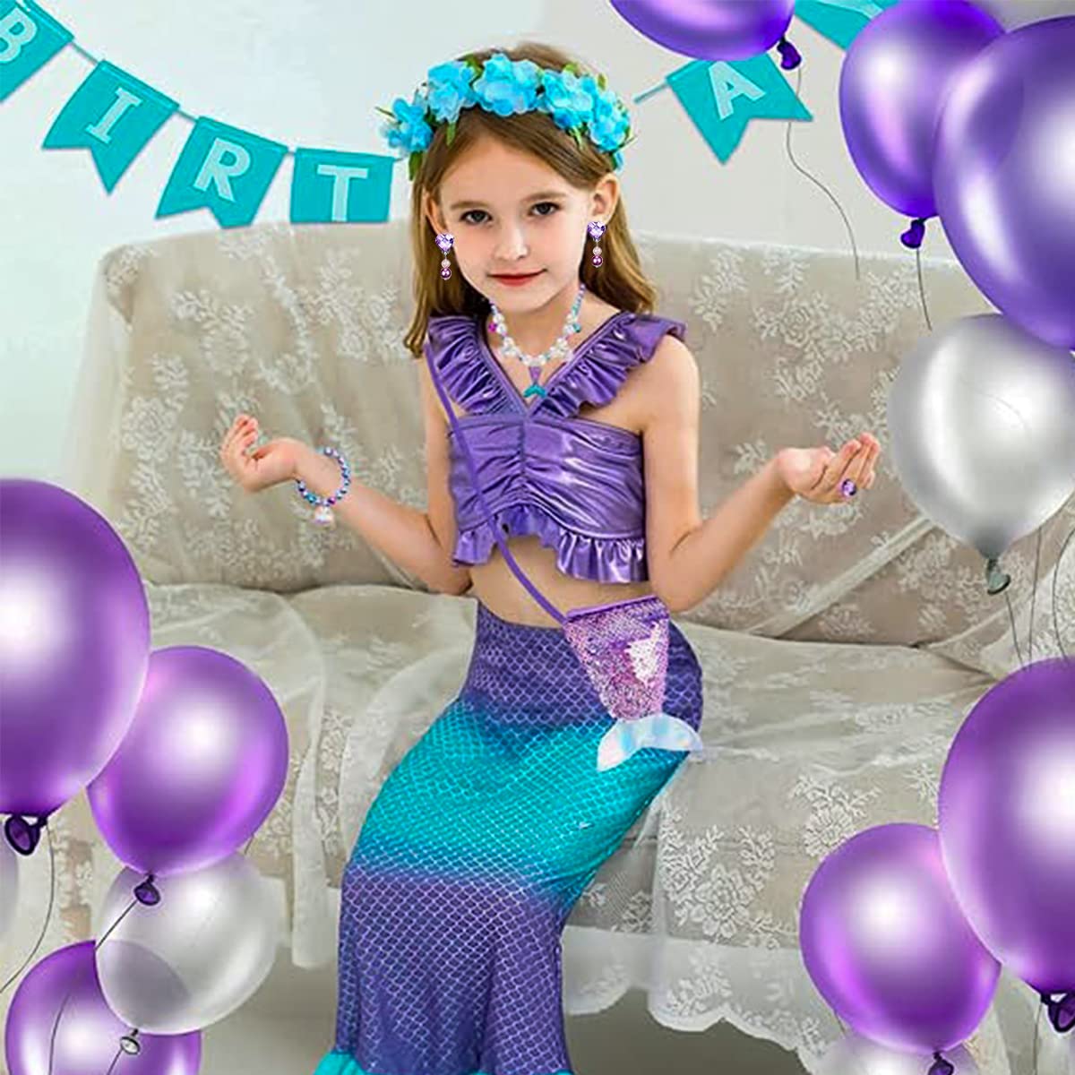 ZIBUYU Cute Pearl Necklace Bracelet Set for Girls Included Sling Bag,Hair Bow Ring Earrings,Mermaid Princess Jewelry Kit for Theme Party,Dress Up Christmas Gift