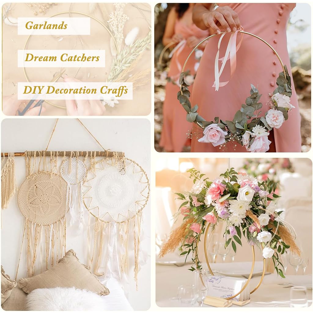 HASTHIP 6Pcs 12-Inch Golden Floral Hoops with Wooden Holder, Metal Macrame Gold Wreath Ring, Party Display Cake Stand for Wedding Table Settings, Romantic Dining Decor, Party Ornaments