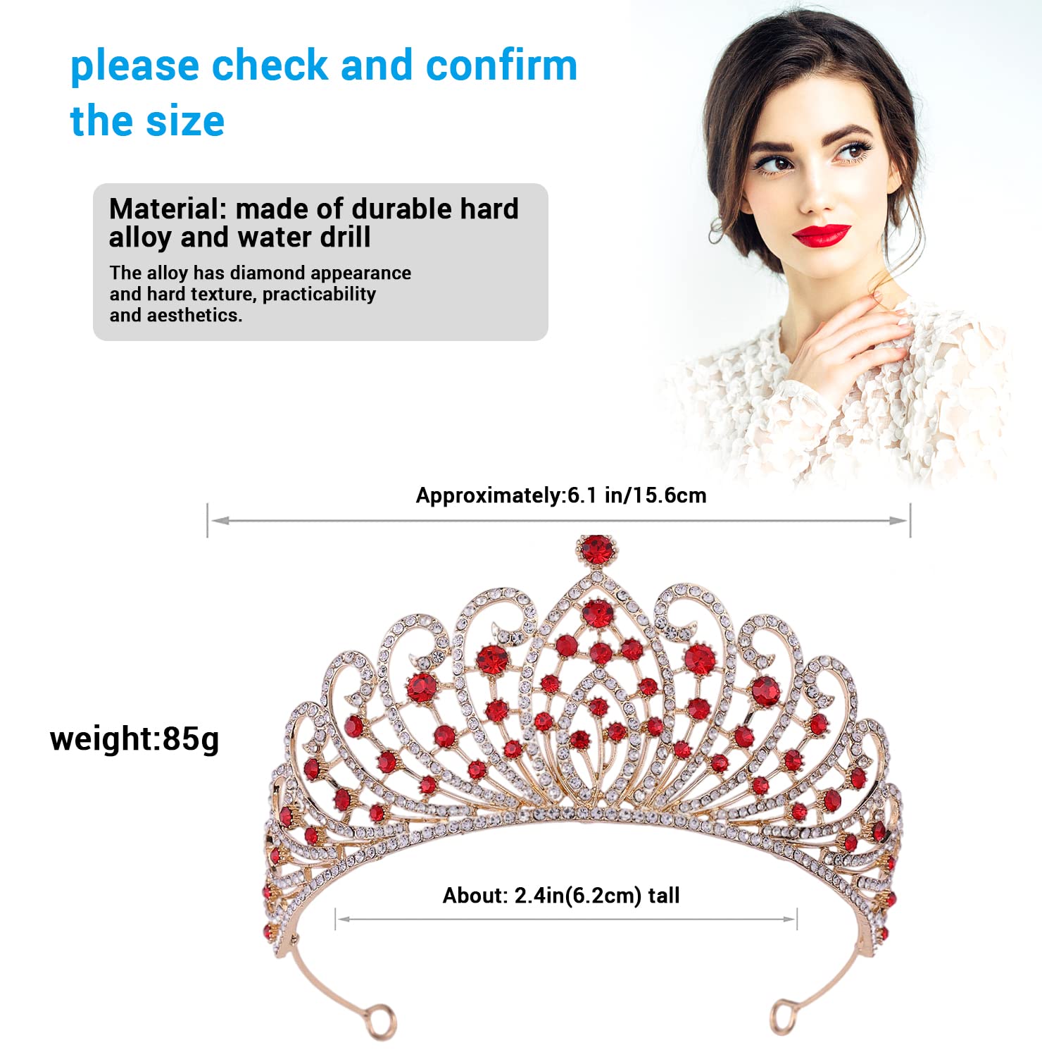 GUSTAVE Red Crystal Princess Crown Tiara with Hair Accessories for Ladies,Girls,Bride,Parties