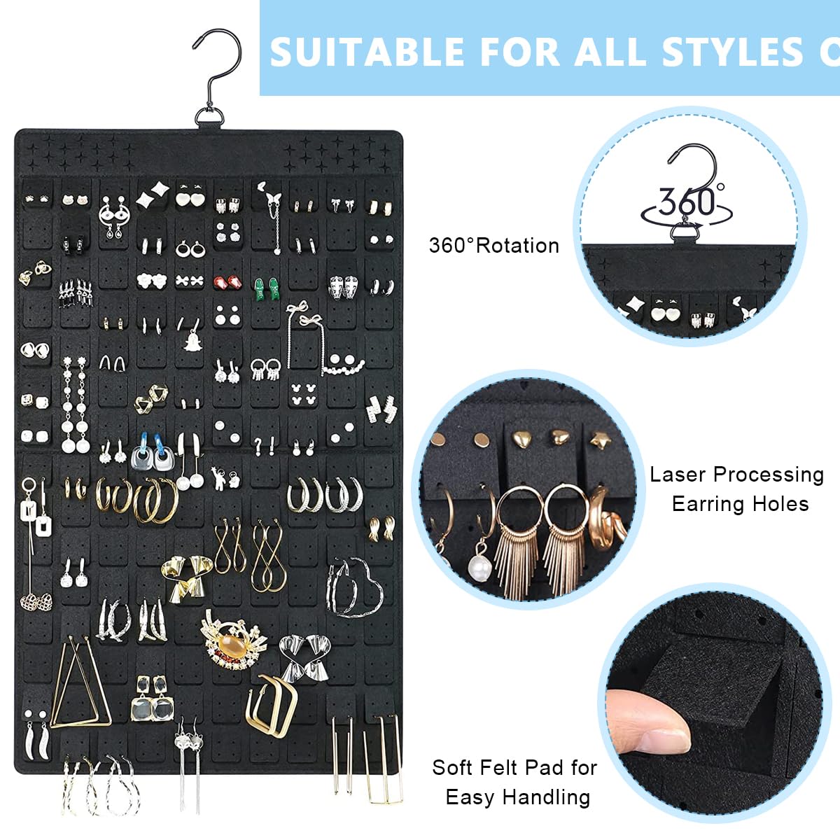 HASTHIP Hanging Jewellery Organisers, Dual-Sided Necklace & Earrings Organizer, Large Felt Jewelry Organizer Hanger For Closet, Wall, Door - Holds Up To 300 Pairs Of Earrings And 30 Necklaces, Black