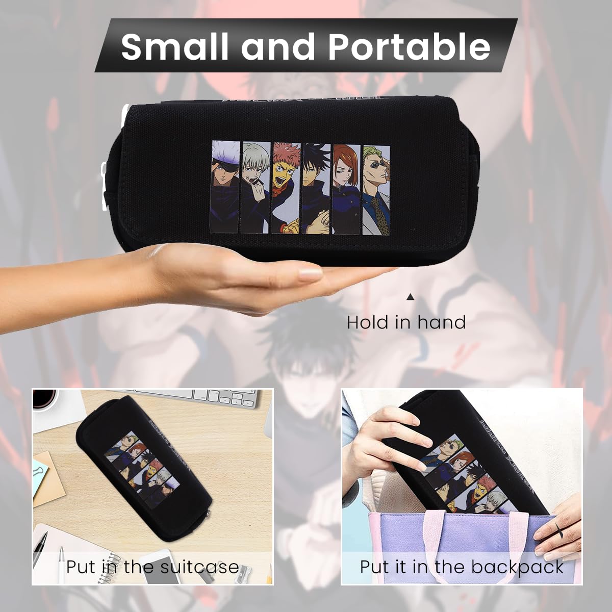 FANCYKU Jujutsu Kaisen Pencil Case, Anime Pencil Pouch, Cartoon Prints Pen Pouch, Large Capacity PU Pencil Bag Stationery Organizer, Students Gift Children's Day Gift School Gift