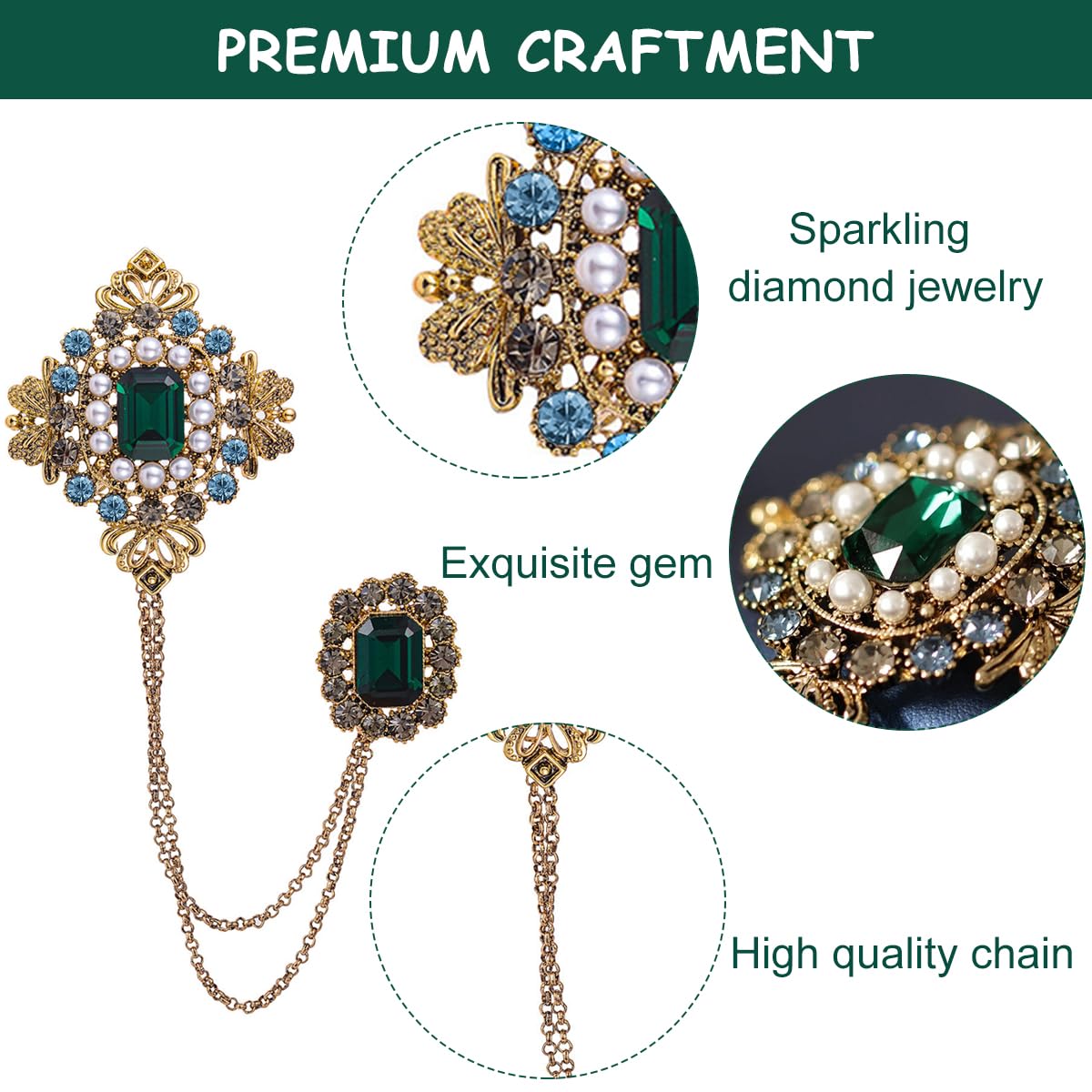 SANNIDHI Rhinestone Brooch Emerald Setting Sherwani Brooch Pins for Coat/Robe/Gown/Shawl, Saree Brooch for Women Heavy Duty Zinc Alloy Chain Brooch for Men Brooch, Gold