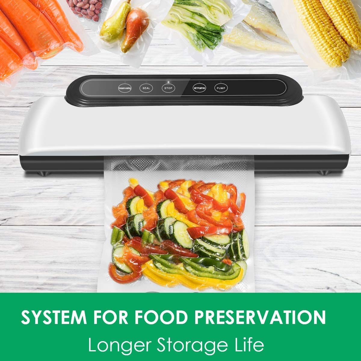 HASTHIP Vacuum Sealer, Automatic Food Sealer with Built-in Cutter& Roll Bag Storage, Machine for Food Storage and Preservation with Dry&Moist Modes with 10 Reusable Bags