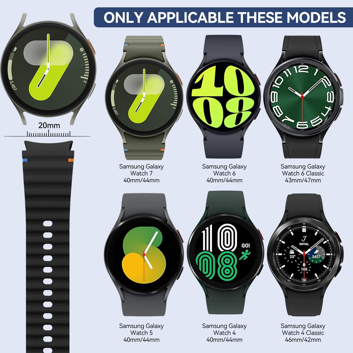 ZORBES Silicone Watch Band for Samsung Galaxy Watch 7 40mm/44mm, Fashion Men Women Black Universal Lightweight Sweatproof Smart Watch Band for Galaxy Watch FE 40, 7, 6, 5 4, Only Silicone Watch Band