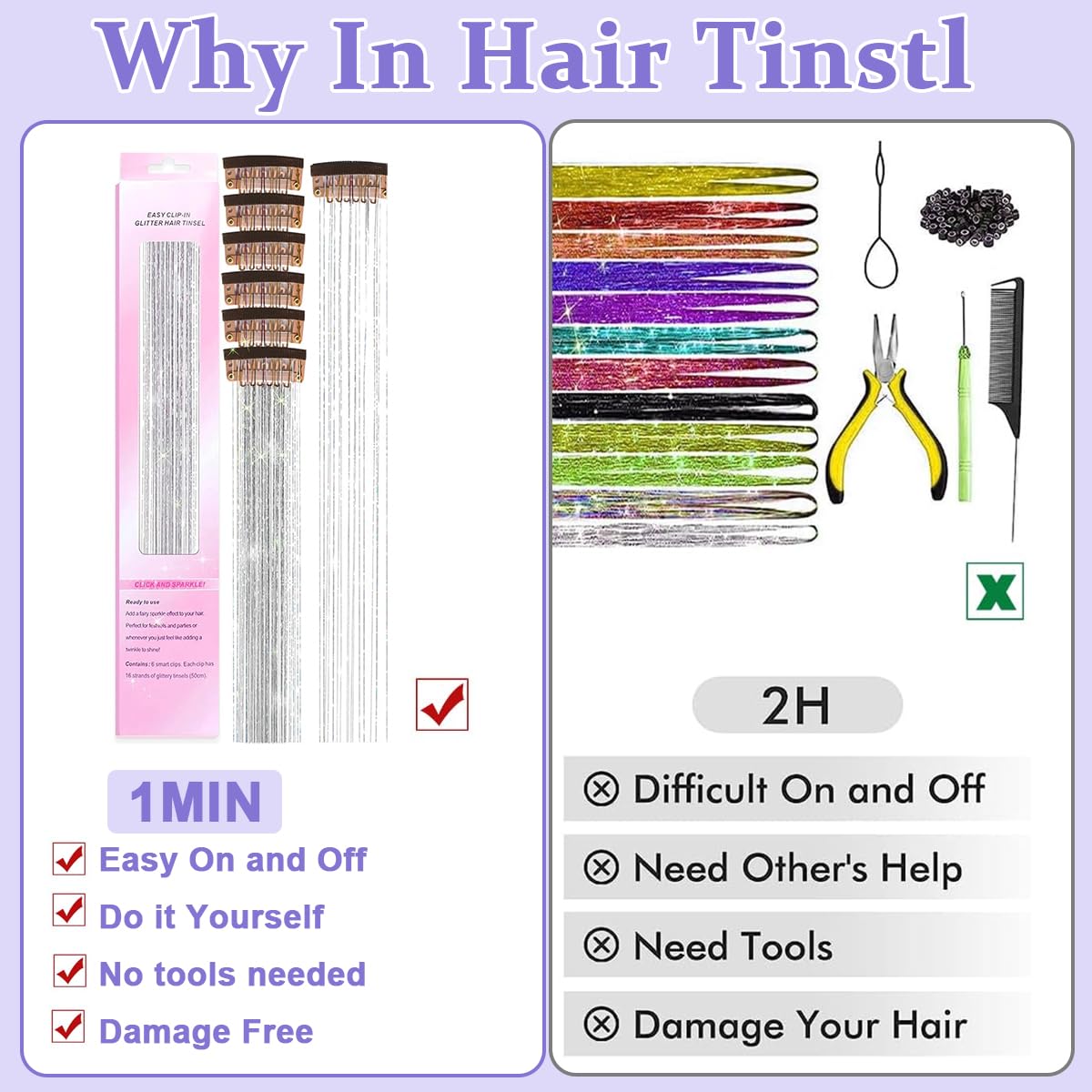 MAYCREATE 6pcs Hair Tinsel Hair Extensions for Women Girls Glitter Clip-in Fairy Hair Tinsels Sparkling Tinsel for Party Festival Cosplay - 20inch, Silver