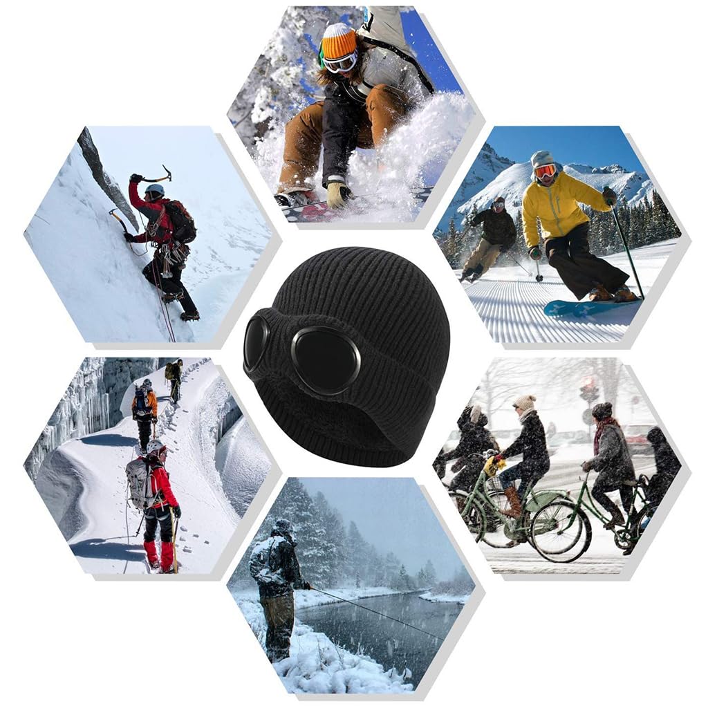 PALAY Winter Hat Knitted Beanie Warm Hat Fashion Goggles Lens Knitted Cap Creative Couple Winter Hat Winter Stretchy Knitted Beanie Hat for Outdoor, Riding (Black)