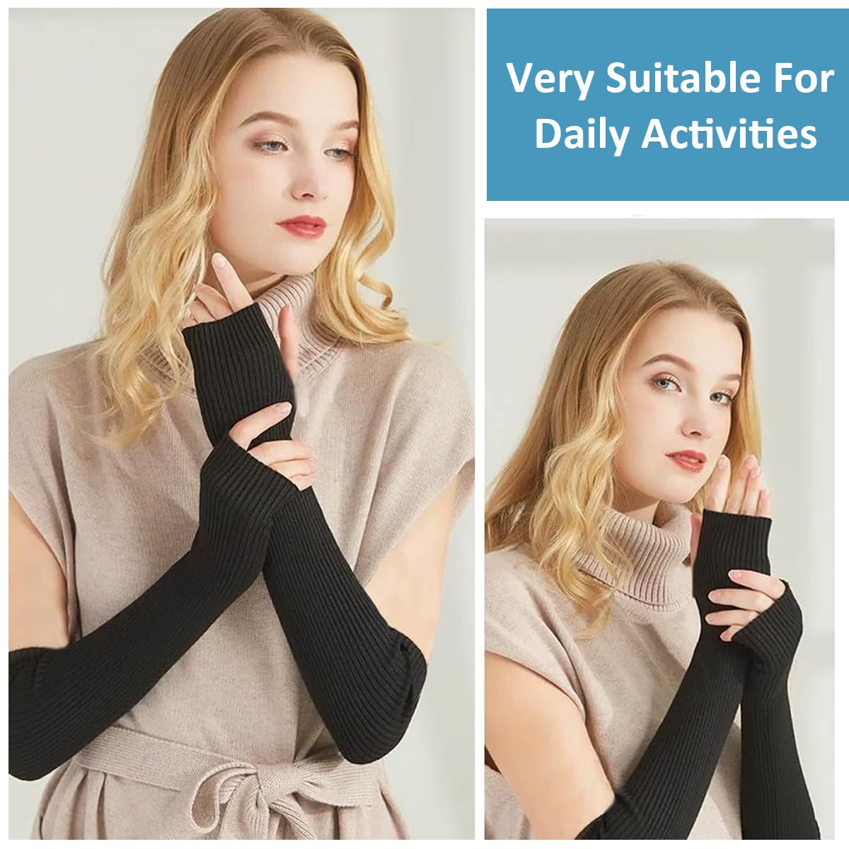 PALAY Arm Warmers for Women, Long Fingerless Gloves for Women, Winter Knitted Y2K Arm Sleeves Gloves for Teen Girls, Fashion Half Finger Hand Wrist Warmer for Daily, Party, Hip Hop (Black)