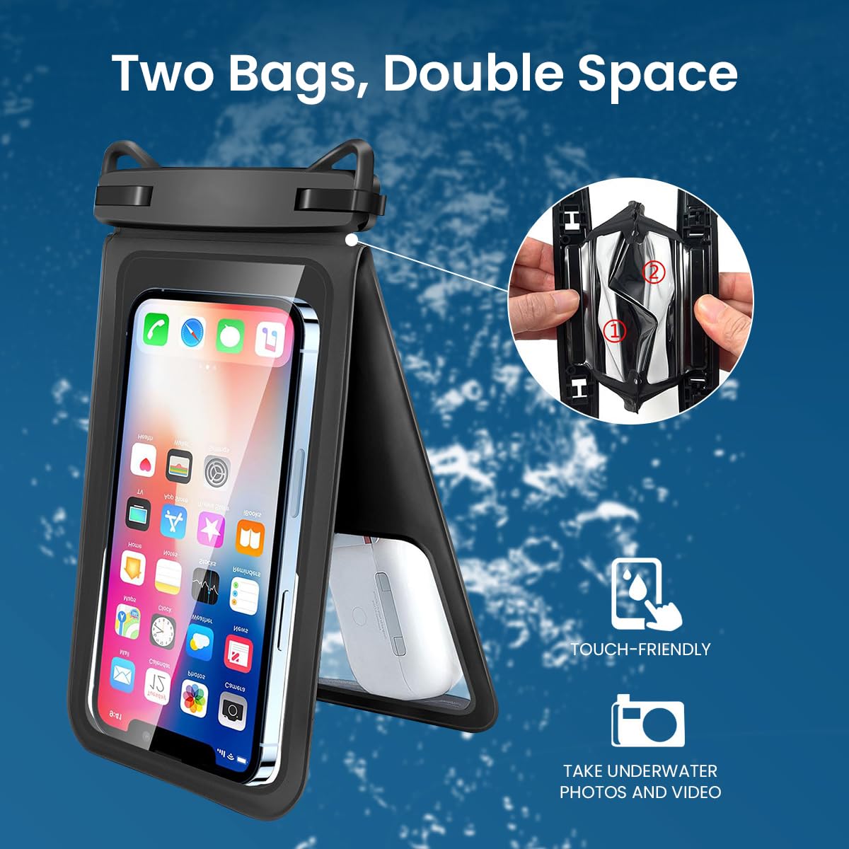 ZORBES Waterproof Phone Sling Bag for 7'' Phone and Below IPX8 Dual-Pocket Waterproof Phone Pouch with Lanyard Universal Transparent Diving Phone Bag for Phone, Earphone, Keys, Cash