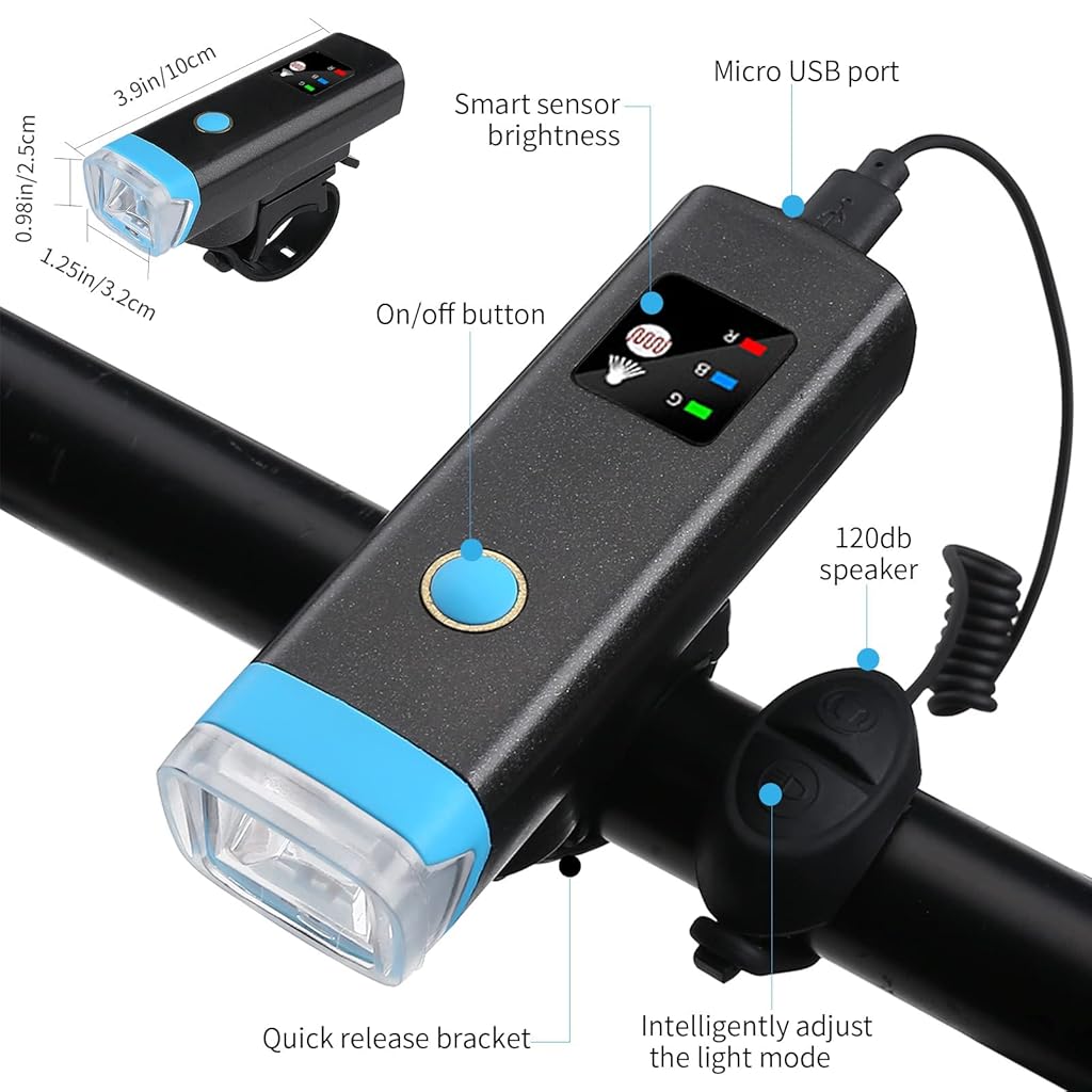Proberos USB Rechargeable 2400 mAh Cycle Light and Horn with 120BD Cycle Headlight 4 Light Modes Waterproof Bicycle Light 350LM Highlight Intelligent Induction