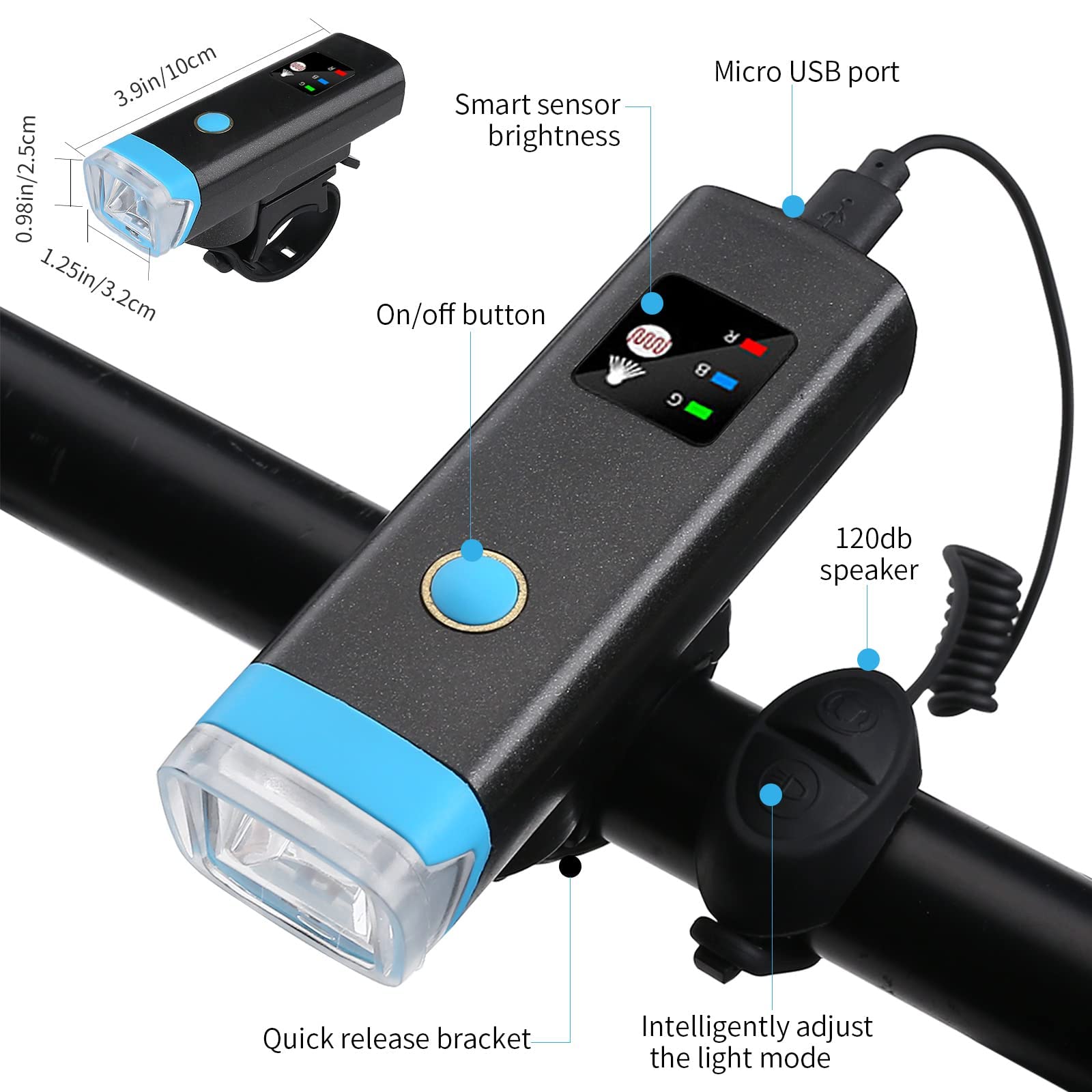 Proberos USB Rechargeable 2400 mAh Cycle Light and Horn with 120BD Cycle Headlight 4 Light Modes Waterproof Bicycle Light 350LM Highlight Intelligent Induction