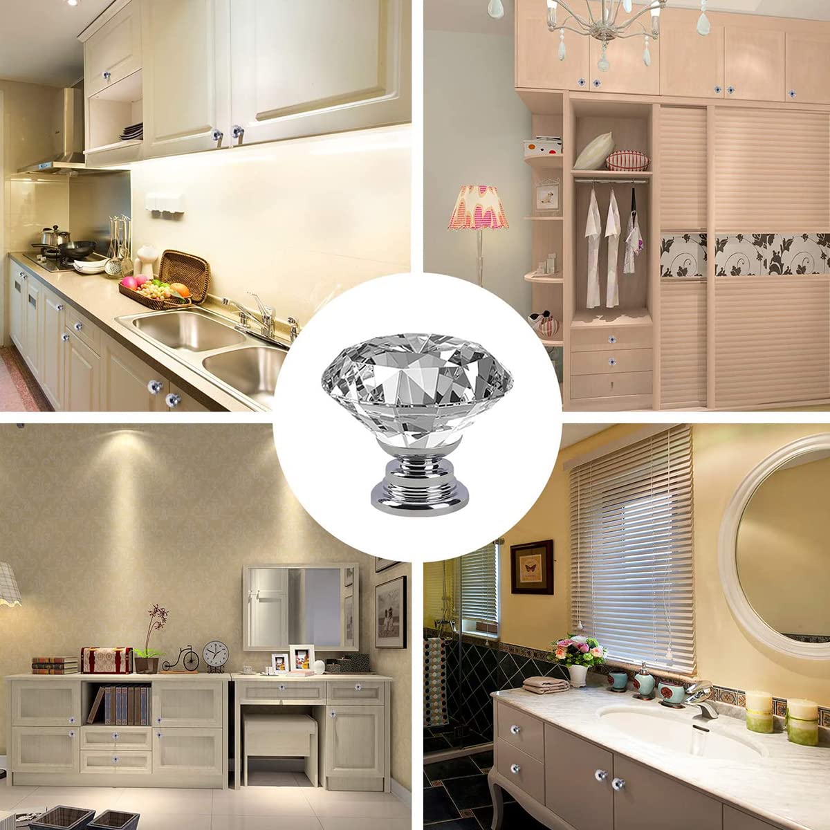 HASTHIP 6 Pack Cabinet Knobs with 2 Sizes Screws, Clear Glass Crystal Diamond Shape Cabinet Knobs, Glass Dresser Knobs for Dresser Drawers and Kitchen, Bathroom Cabinet 30mm
