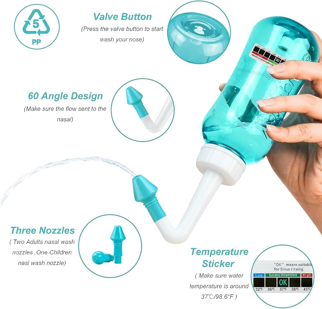 HANNEA® Nose Wash System Combo, 300ml Neti Pot for Sinus Rinse, Nasal Irrigation, 2 Nozzles, Adult & Kids Allergy Relief, Sinus Cleanser, Pressure Wash for Home & Travel