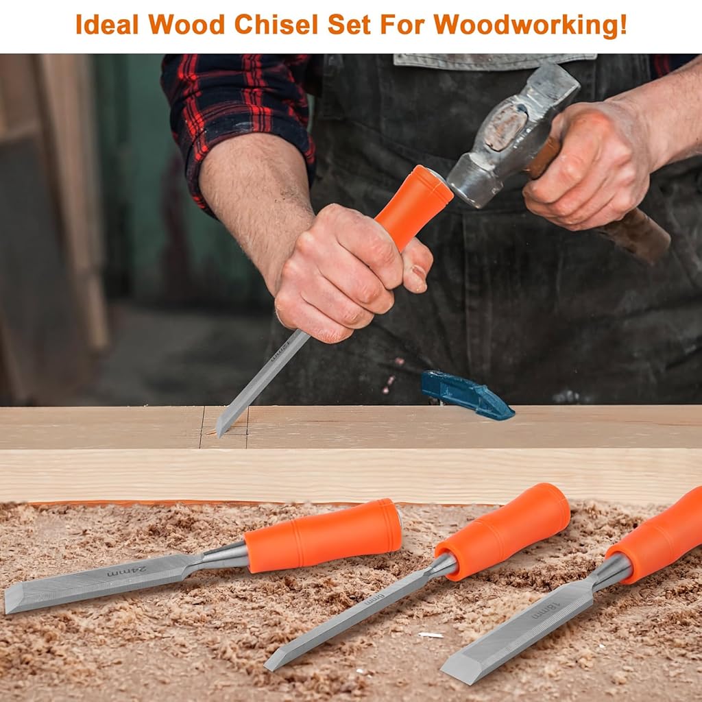 Serplex® 12PCS Woodwork Chisel Set Mortise Tools, Wood Chisels for Woodworking with Steel Hammer End, Tools with Anti-slip Handle, 6mm, 12mm, 18mm, 24mm