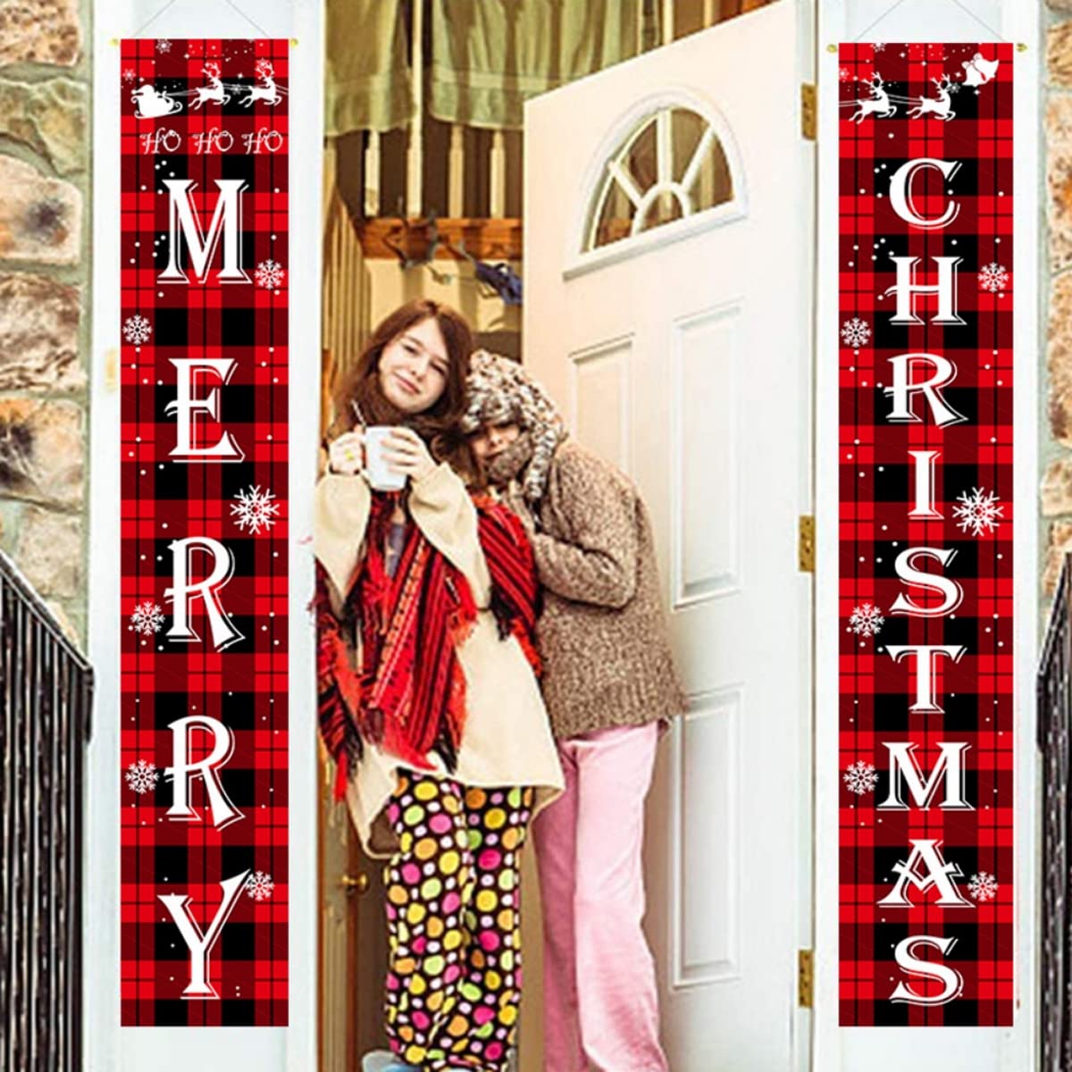 HASTHIP Christmas Decorations Outdoor Yard Front Porch Sign Set, Red Black Buffalo Plaid Door Banner, Hanging Merry Christmas Decorations for Home Indoor Outdoor Xmas Decor Wall Front Door Yard