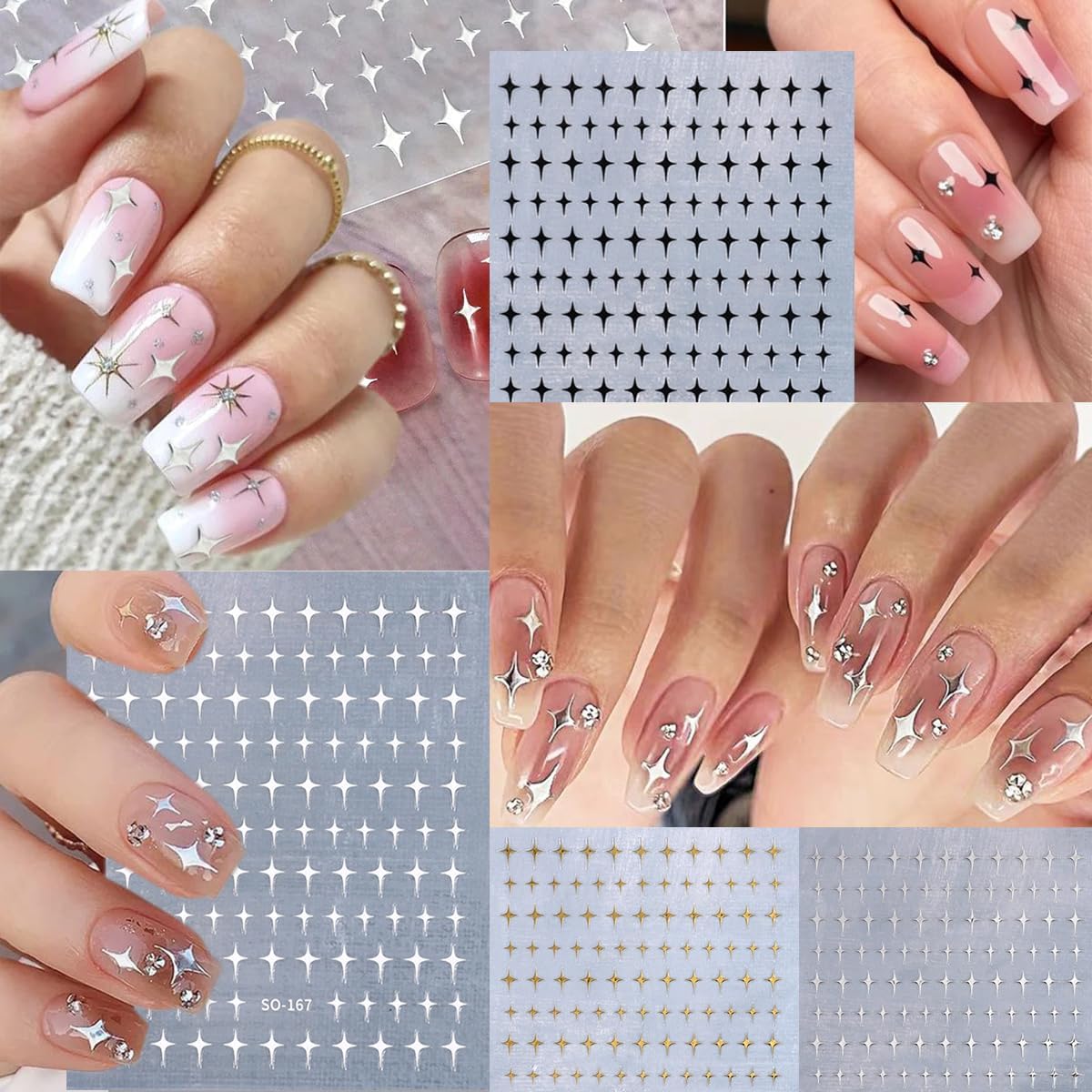 MAYCREATE 6 Sheets Star Nail Stickers Y2K Nail Art Decal Stickers, 3D Galaxy Stars Nail Art Design Decals Self-Adhesive Star Stickers DIY Nail Decals Nail Tips for Nail Extension Decoration