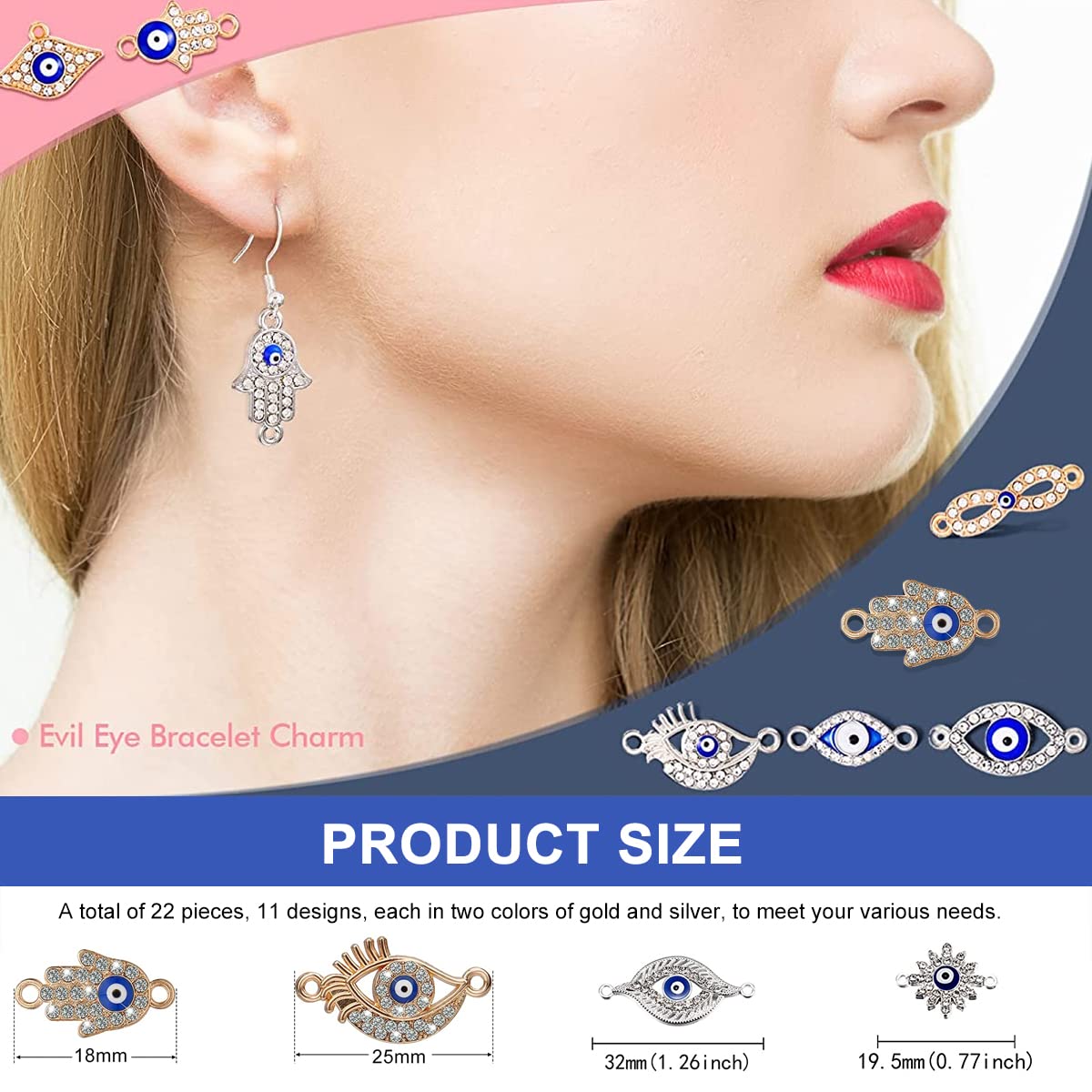 MAYCREATE 22pcs Evil Eye Rhinestone Golden Charms Pendants Connectors, Pendant Charms For Key Chain Earring Necklaces Bracelet DIY Crafts