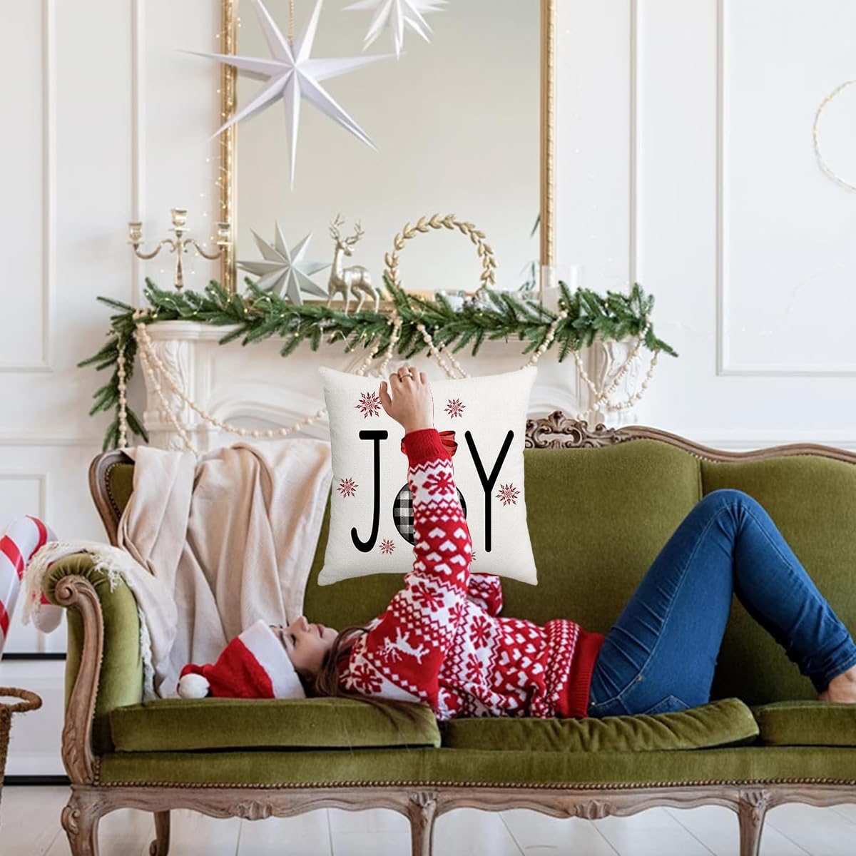 HASTHIP 4Pcs Christmas Square Pillow Covers 15.7 inches Square Linen Printed Pillow Cover Classic Christmas Sofa Pillow Covers Square Pillow Covers for Christmas