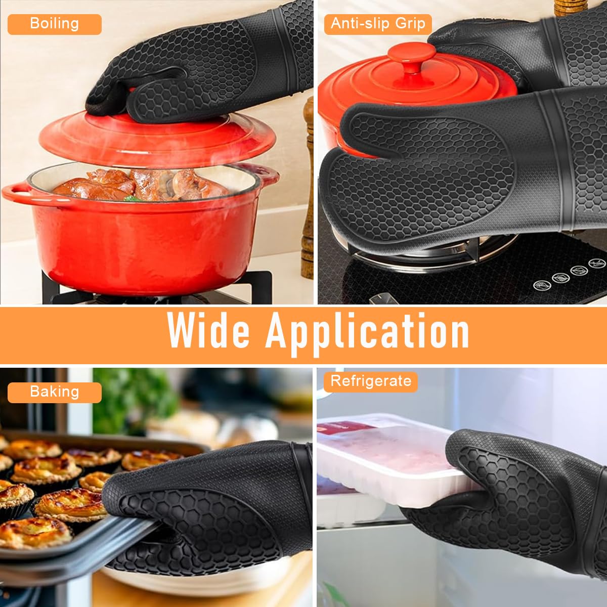HASTHIP 1 Pair Oven Mitts Black Silicone Thermal Oven Mitts with Thicken Cotton Lining Insulation Oven Mitts Anti-Slip Palm Texture Design Kitchen Waterproof Oven Mitts with Hanging Loop