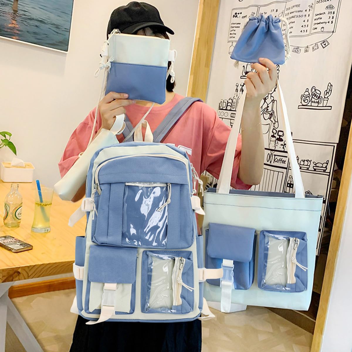 PALAY Cute Backpack for Girls Canvas Backpacks Set with Canvas Tote Bag Waterproof Multi-Pocket Kawaii School Backpack for Kids Laptop School Bag
