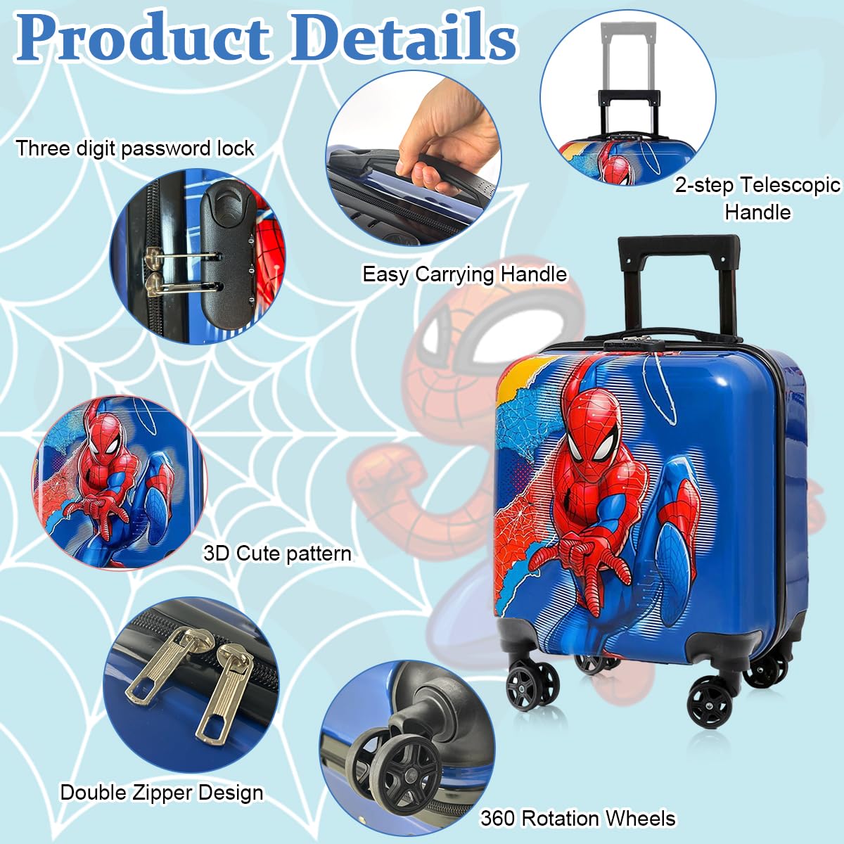 PALAY Kids Travel Luggage 20'' Wheeled Luggage with Combination Password Lock Sturdy PC Travel Suitcase Cute Cartoon Spider Man Carry-on Wheeled Luggage Travel Roller Luggage School Gift for Students
