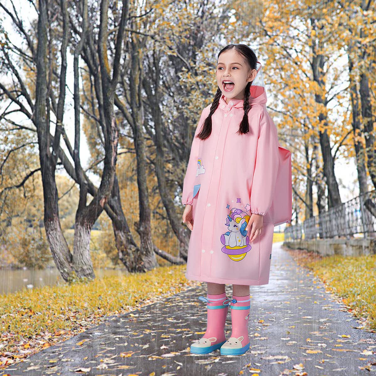 PALAY Raincoat for Kids Boys Girls with Pockets, EVA Hooded Raincoat with School Bag Rain Cover, Unicorn Printed Kids Rain Coat (XL, 115-130cm)