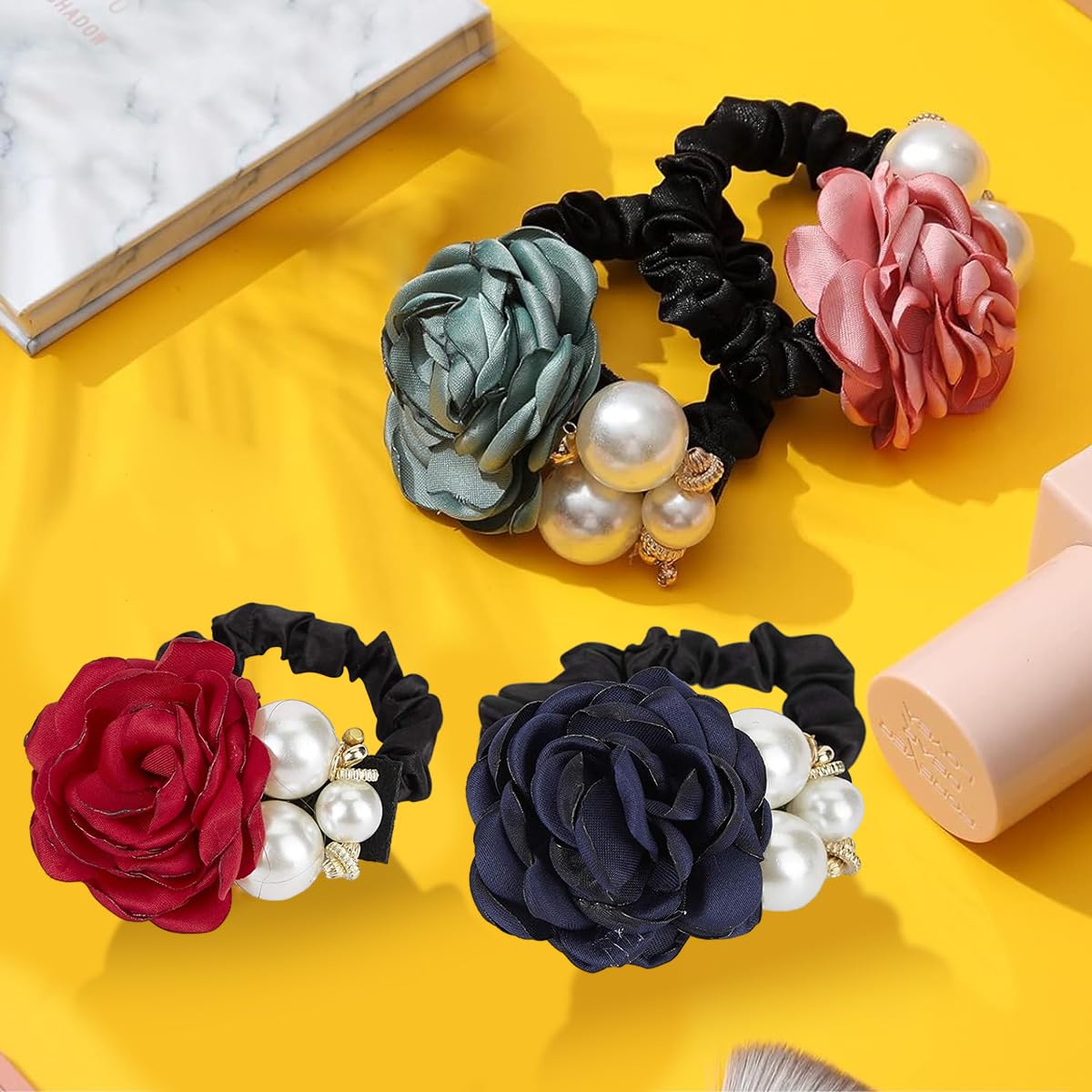 PALAY 4pcs Hair Scrunchies for Women Rose Flower Hair Ties Rope Handmade Pearl Hair Elastics Bun Accessories Elastic Ponytail Holder Gift for Girls