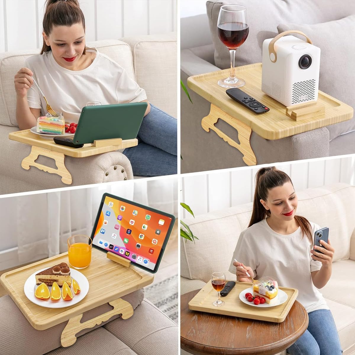 HASTHIP Sofa Armrest Wooden Tray Small Table for Sofa Armrest Folding Foot Wooden Dinning Table Laptop Stand with 360° Rotatable Phone Holder Armrest Table for Work, Relaxing, Reading