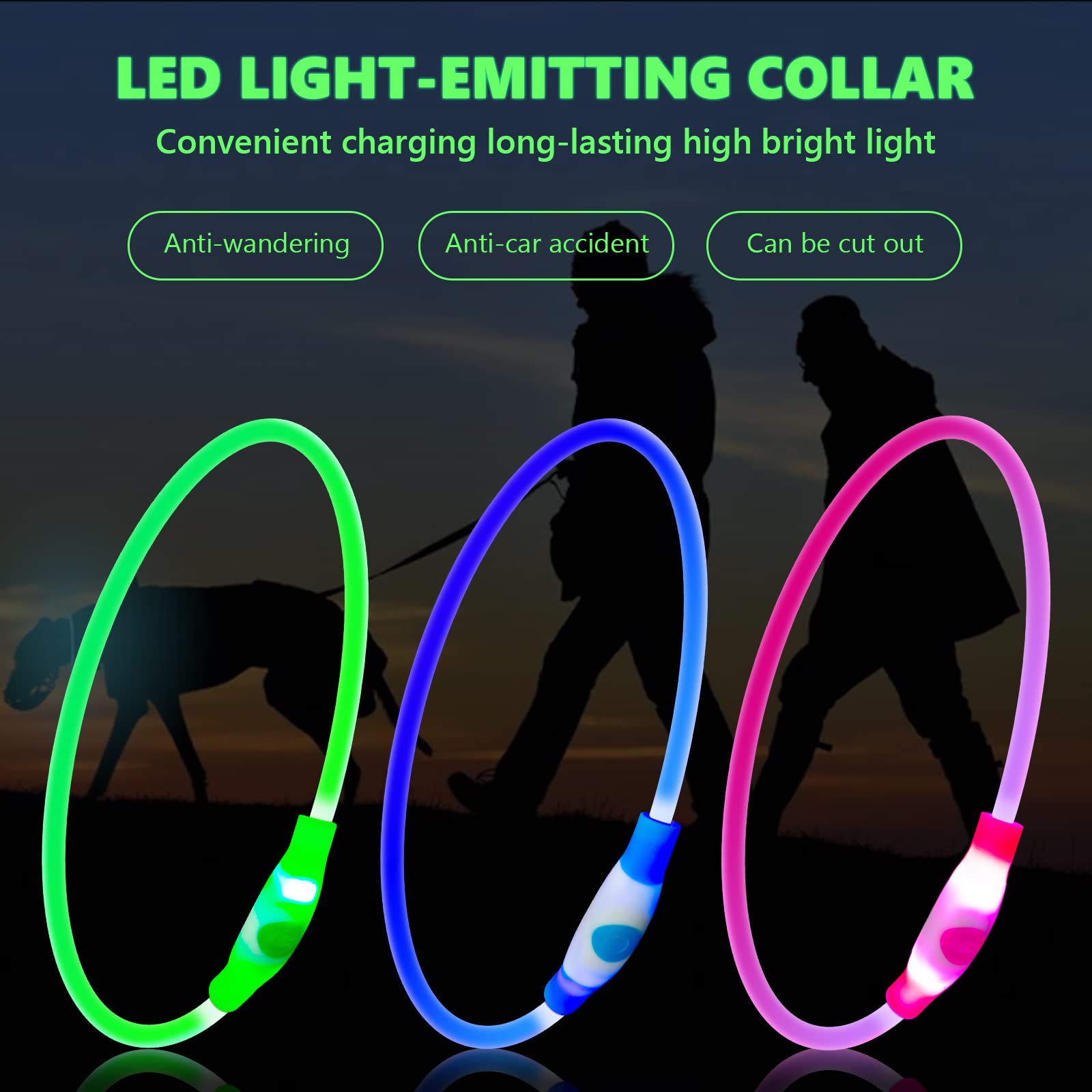Qpets Dog Collar LED Optical Fiber Collar Flashing Collar for Dog USB Charging Cuttable Length Ensuring Safety for Night Walking (Blue Light)