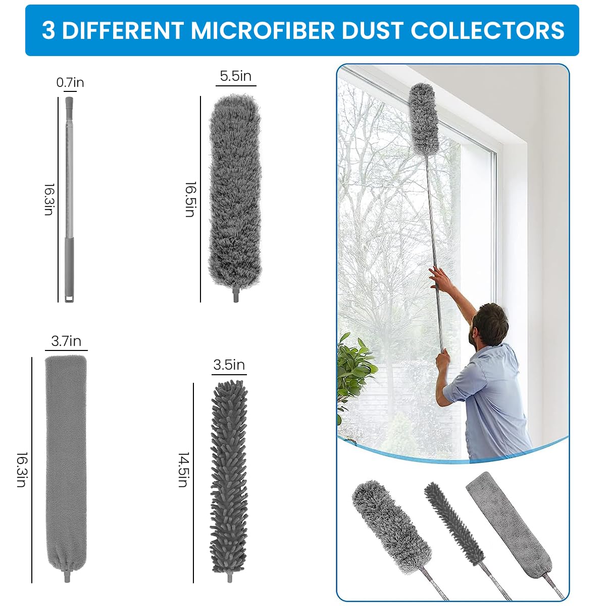 HASTHIP Microfiber Duster 3 in 1 Microfiber Duster Set, Bendable Chenille Dusters Three Duster Head with Extendable Handle Bar Feather Duster for Ceiling Fan, High Ceiling, Blinds, Furniture, Cars