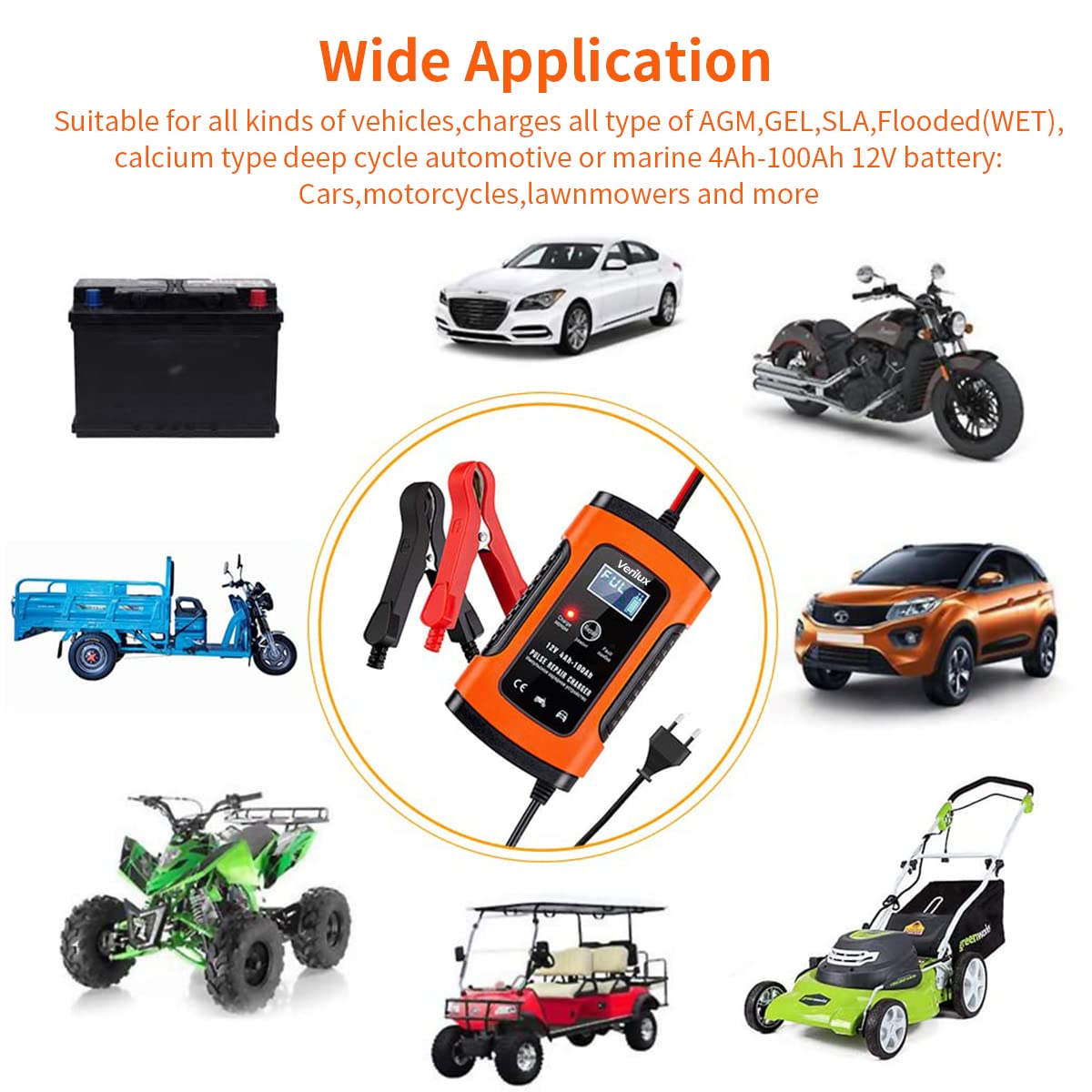 Verilux Fully Automatic Battery Charger 5A 12V, Car Battery Charger & Maintainer- EU Plugfor Car, Motorcycle, Lawn Mower and More(Red)