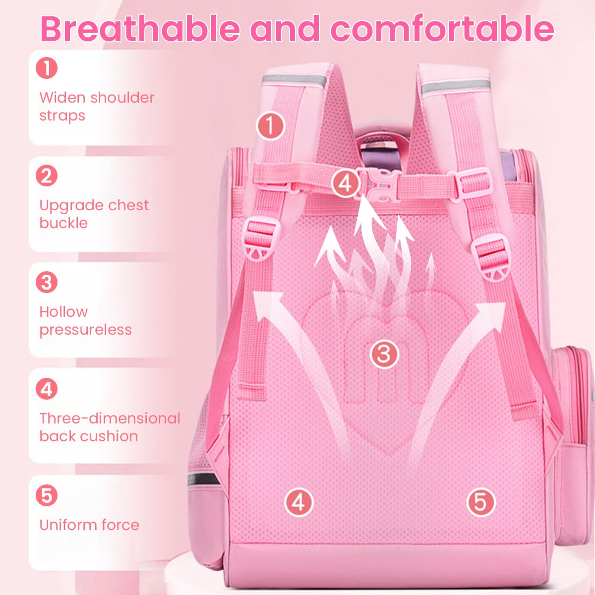 PALAY School Backpack for Girls Kids, Unicorn School Backpack Kids Large Capacity Girls Backpack for School, Travel, Camping, Burden-relief School Backpack for Kids (1-5 Grade) - Pink