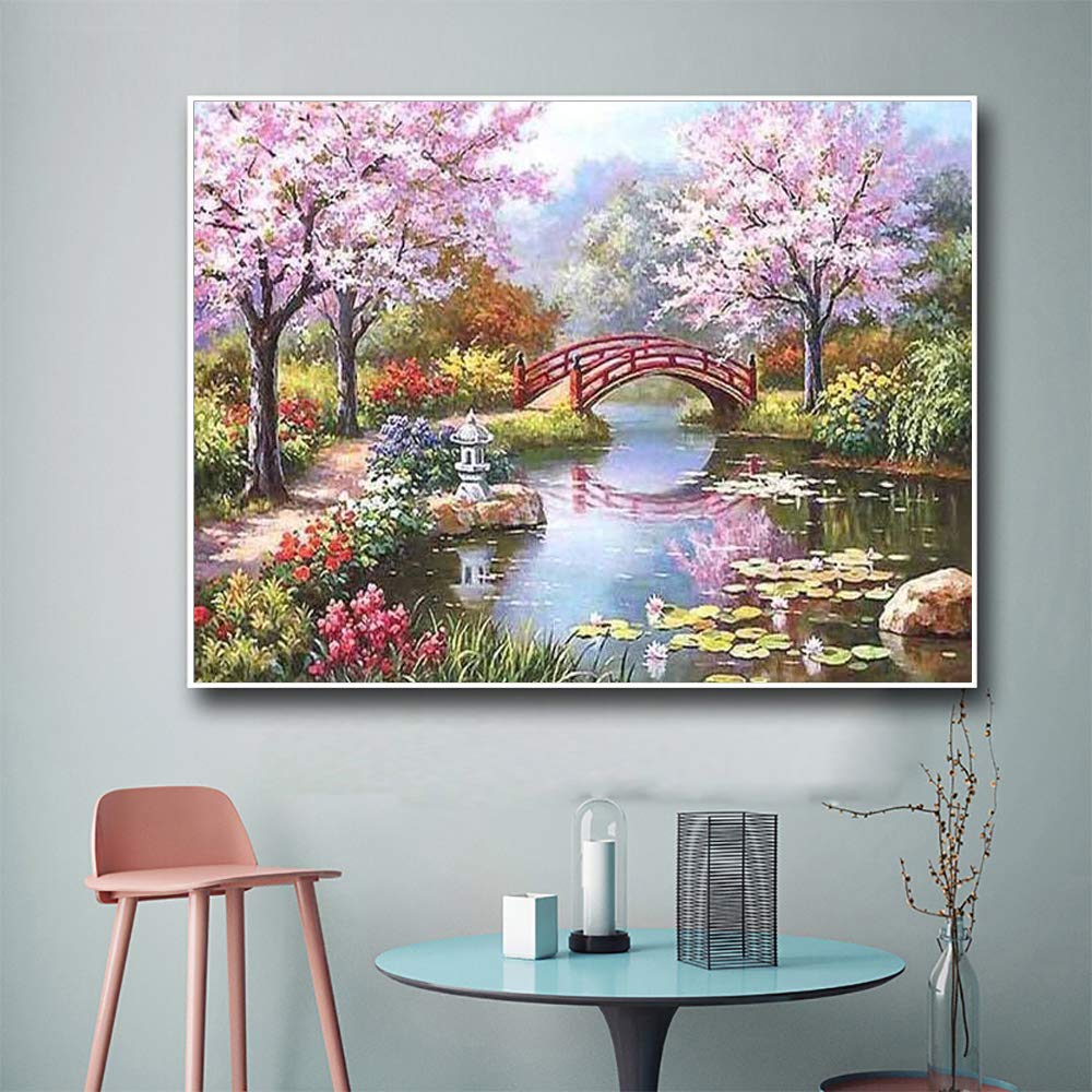 HASTHIP DIY 5D Diamond Painting Kit, Full Drill Rhinestone Embroidery Cross Stitch Pictures Art Kit for Adults, Suitable for Home Wall Decor, Peach Blossom Bridge-11.8x15.8In
