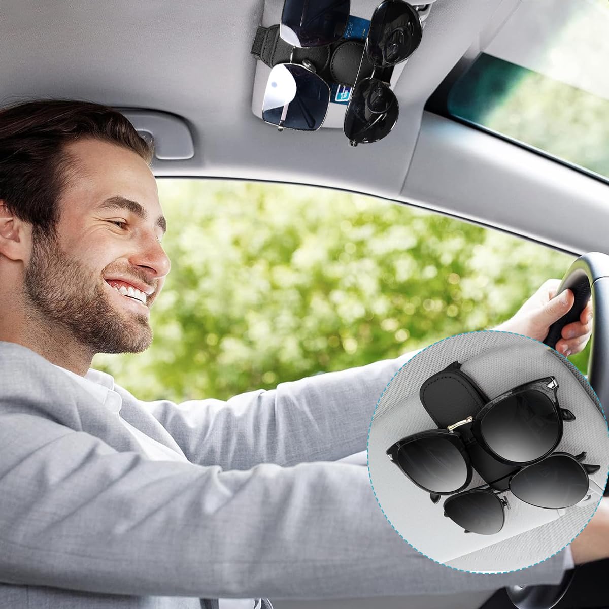 STHIRA Car Sunglasses Holder, Clip On Sunglasses Holder for Car, Magnet Sunglasses Holder for Sun Visor, Double Position PU Car Sunglasses Holder Clip for Versatile Card Receipt Holder Drive License Clamp