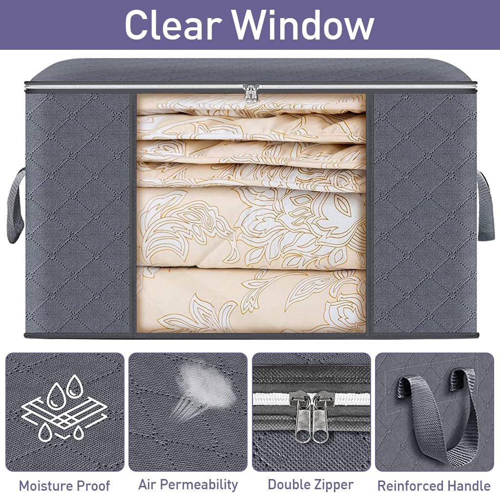 HASTHIP 3 Packs Large Storage Bags, Clothes Storage Bins Foldable Closet Organizers Storage Containers with Lids and Handle for Clothing, Blanket, Comforters, Bed Sheets, Pillows