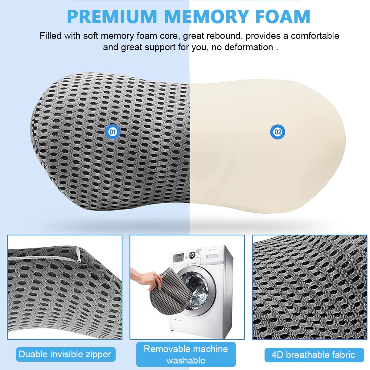 HANNEA Lumbar Support Pillow for Sleeping Ergonomic Back Pillow Lumbar Pillow for Low Back Pain Relief, Memory Foam Back Support Cushion for Bed, Office Chair, Car Seat, Grey
