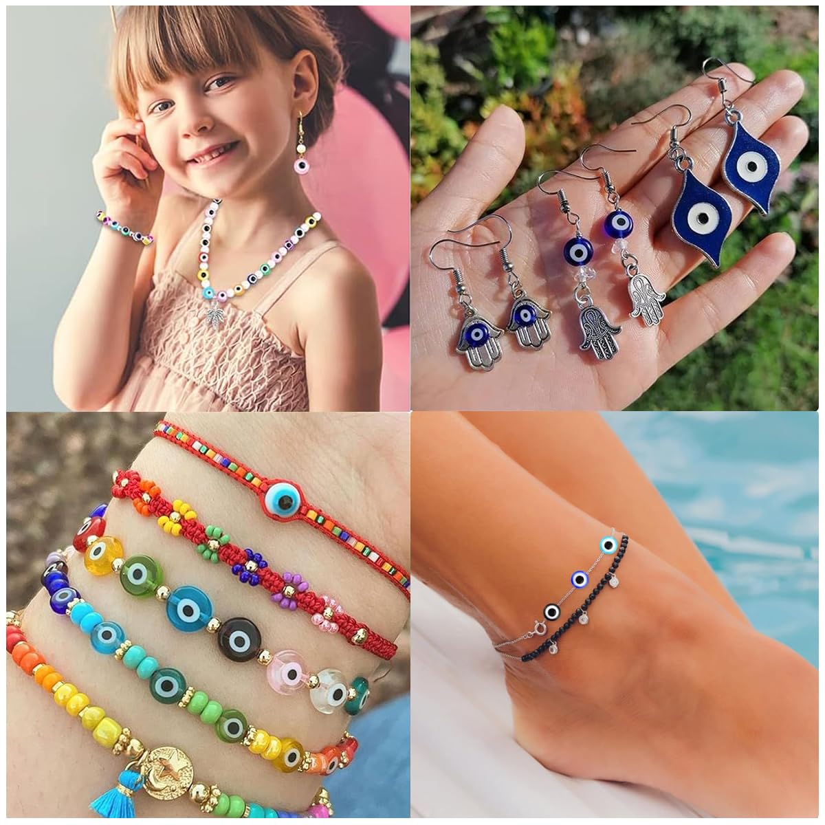 SANNIDHI 200pcs Evil Eye Beads Kit 8mm 10 Colors Resin Evil Eye Bracelet Making Beads for Jewellery Making Necklace Keyring Charms DIY with Scissors, Elastic Strings Set for Kids Women