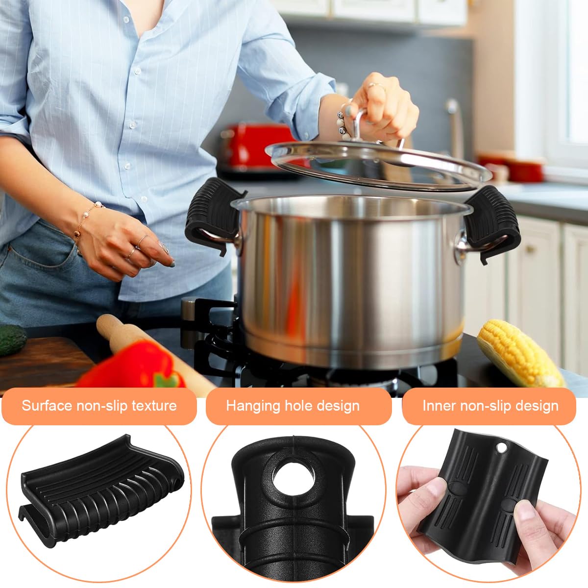 Supvox Cast Iron Fry Pan Silicone Pan Handle Covers - 6Pcs Cookware Heat Insulation Covers Set with Anti-Slip Handle Sleeve and Square Protector Mat for Pots, Pans, Stewing Pots, and Soup Bowls