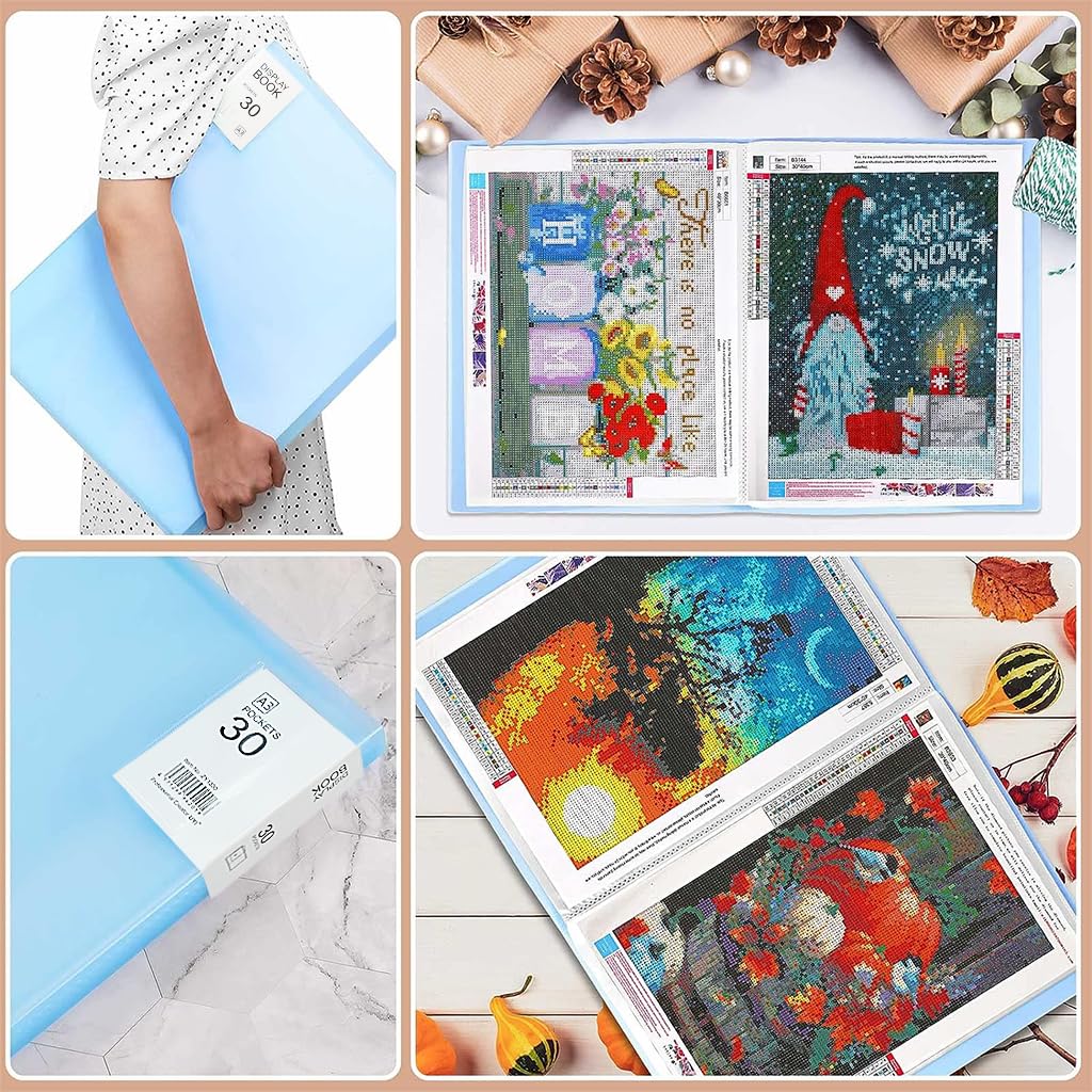 HASTHIP A3 30 Pages Diamond Painting Storage Book for Diamond Painting Kits, Clear Folder Storage Bag, Art Portfolio Painting Storage Book for Diamond Painting Kit, 16.9X12.6inches (Blue)