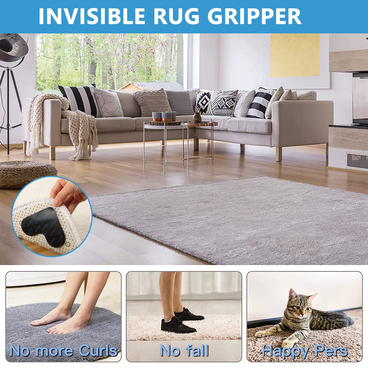 HASTHIP 12PCS Rug Corner Grippers, Double Sided Non Slip Reusable Rug Stopper, Washable Rug Tape for Hardwood Floors, Rug Gripper Stopper Rug Pad for Doormat, Carpet, Tapestry, Table Cloth, Heart