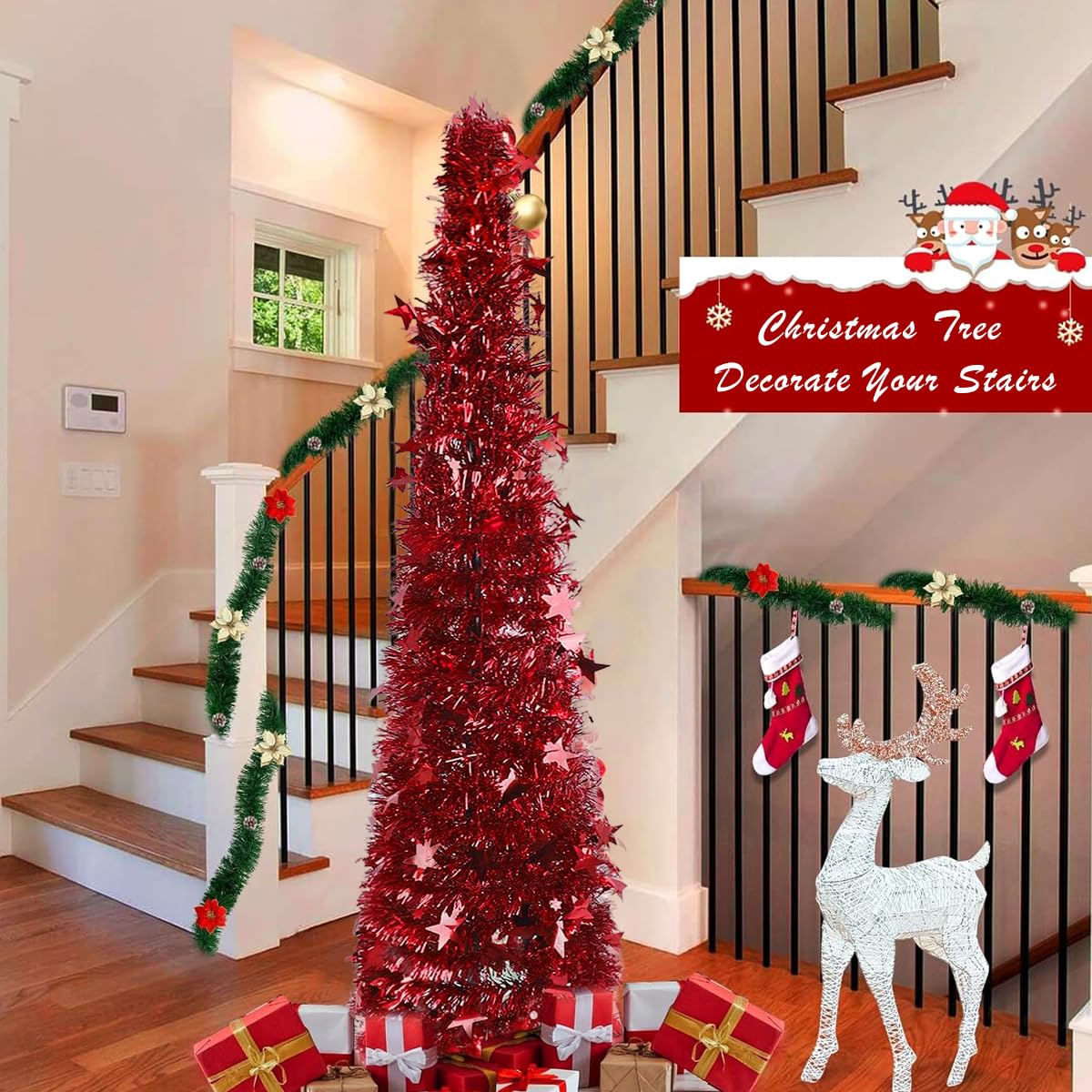HASTHIP 1.5m Sparkling Red Christmas Tree Tinsel Garland Red Christmas Tree Festival Party Home Decor DIY Assembly Red Christmas Tree for Living Room, Balcony, Entryway, Garden