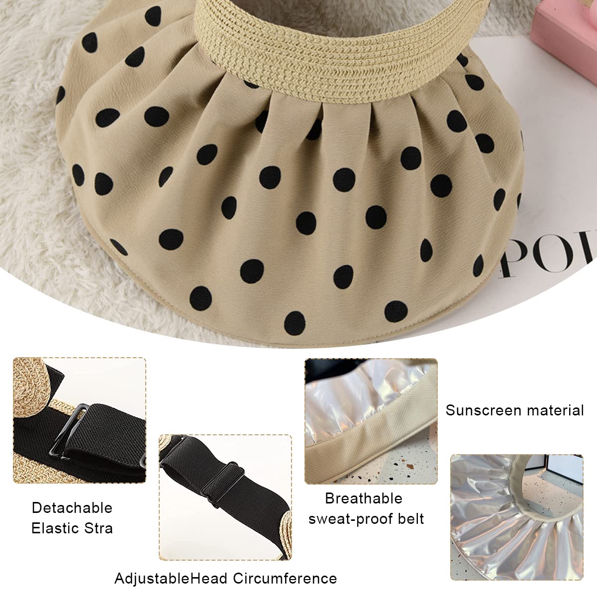 PALAY Sun Hats for Women Stylish Wide Brim Sun Caps for Women Casual Beach Hat Dots Pattern Ponytail Sun Visor Travel Summer Hats - Packable & Foldable Brown