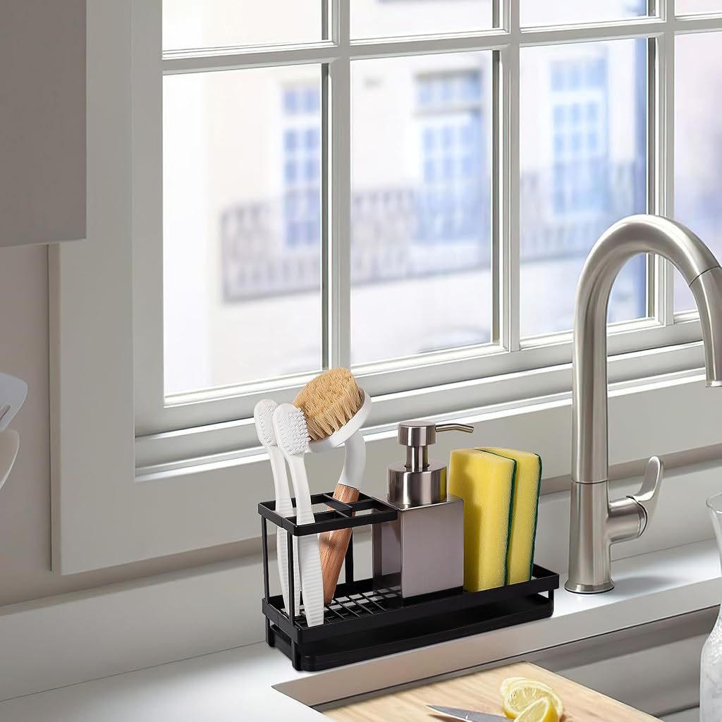 HASTHIP® Toothbrush Holder with Pull-Out Drip Tray, Water Cup Drain Organizer Rack for Bathroom, Modern Minimalist Metal Toiletries Stand, Multi-Grid Storage for Toothpaste & Cups, Durable, Black
