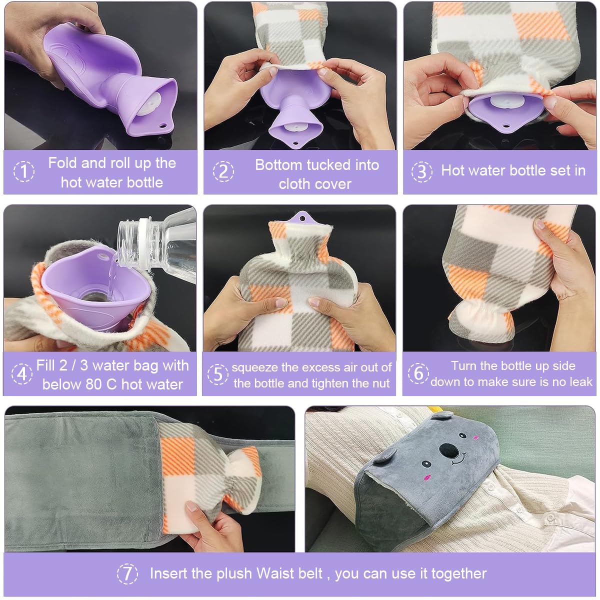 HANNEA Hot Water Bag with Plush Cover and Waist Wrap Belt Refillable Hot Water Bag Anti-leakage PVC Hot Water Bag Period Pain Relief Hot Water Bag, Relieve Cramp Relief, Back Pain