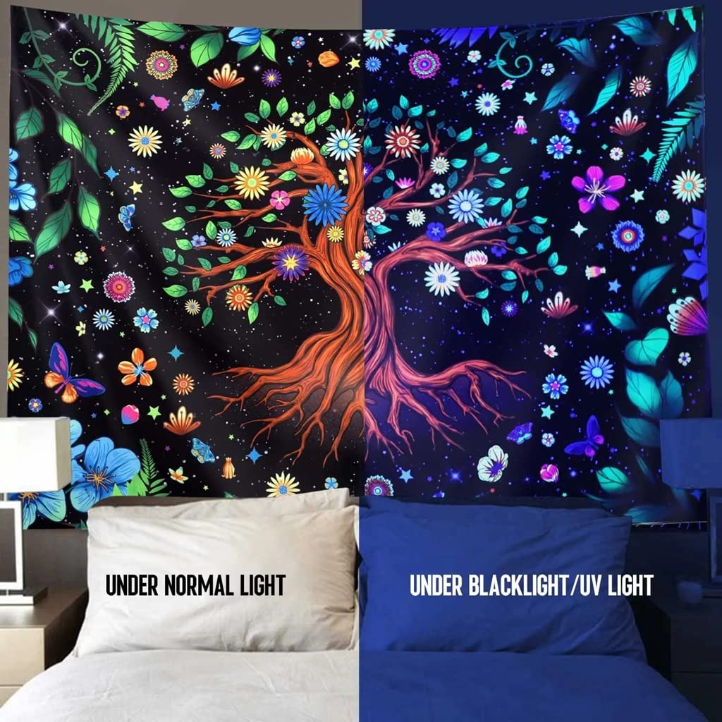 HASTHIP UV Luminous Tree of Life Tapestry, Fantastic Flowers Tapestry Glow In The Dark, UV Reactive Black Light Tapestries Posters Wall Hanging for Bedroom Dorm Living Room Decor (51inch x 59inch)